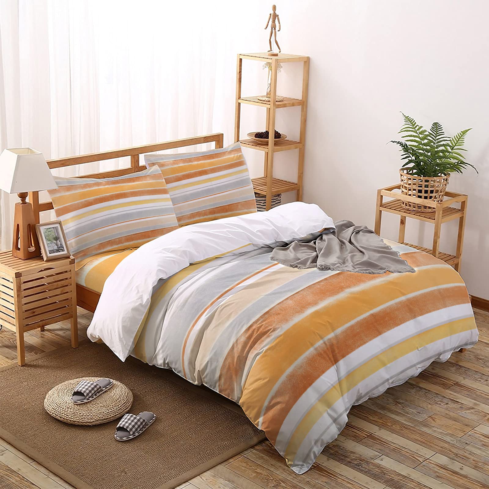 Luxury 4-Piece Queen Size Duvet Cover Set - Gradient Striped Orange & Gray Soft Bedding (1 Duvet Cover + 1 Sheet + 2 Pillowcases) for Modern Bedroom Decor & Guest Room Essentials
