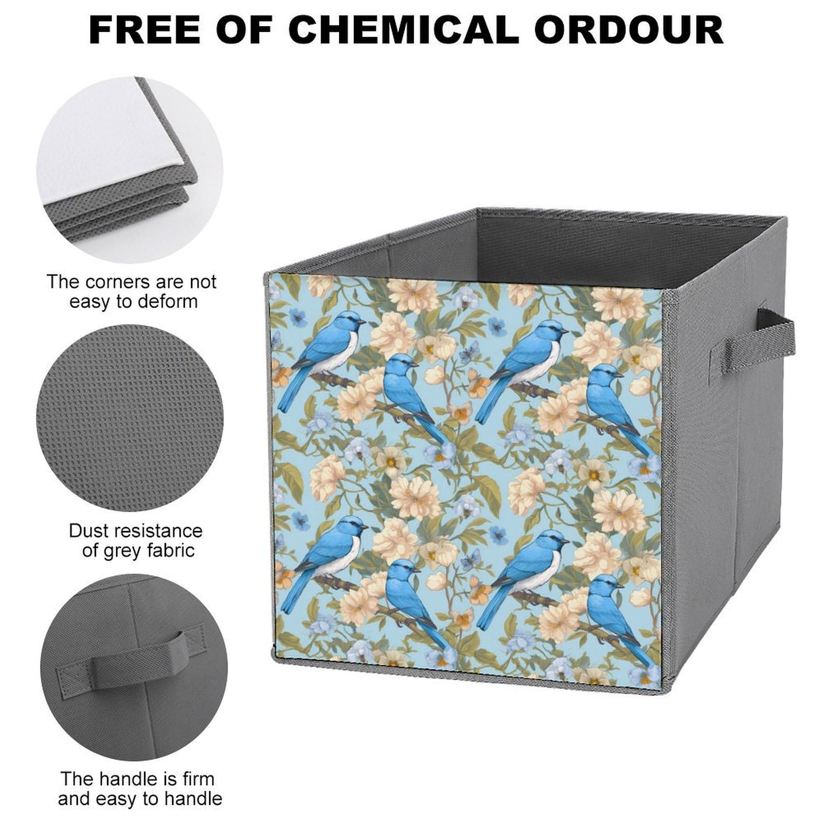 Blue Birds Flowers Folding Storage Cubes - Durable Fabric Storage Bins with Handles, 2-Pack - Perfect for Closet, Nursery, and Home Organization