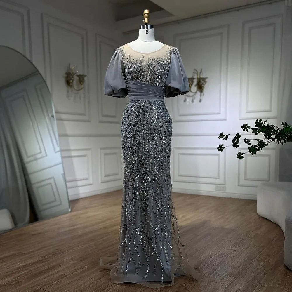 Serene Hill Silver Nude Luxury Mermaid Beaded Evening Dress with Puffy Sleeves - Elegant Women's Party Gown LA70809 | Perfect for Galas, Weddings & Formal Events