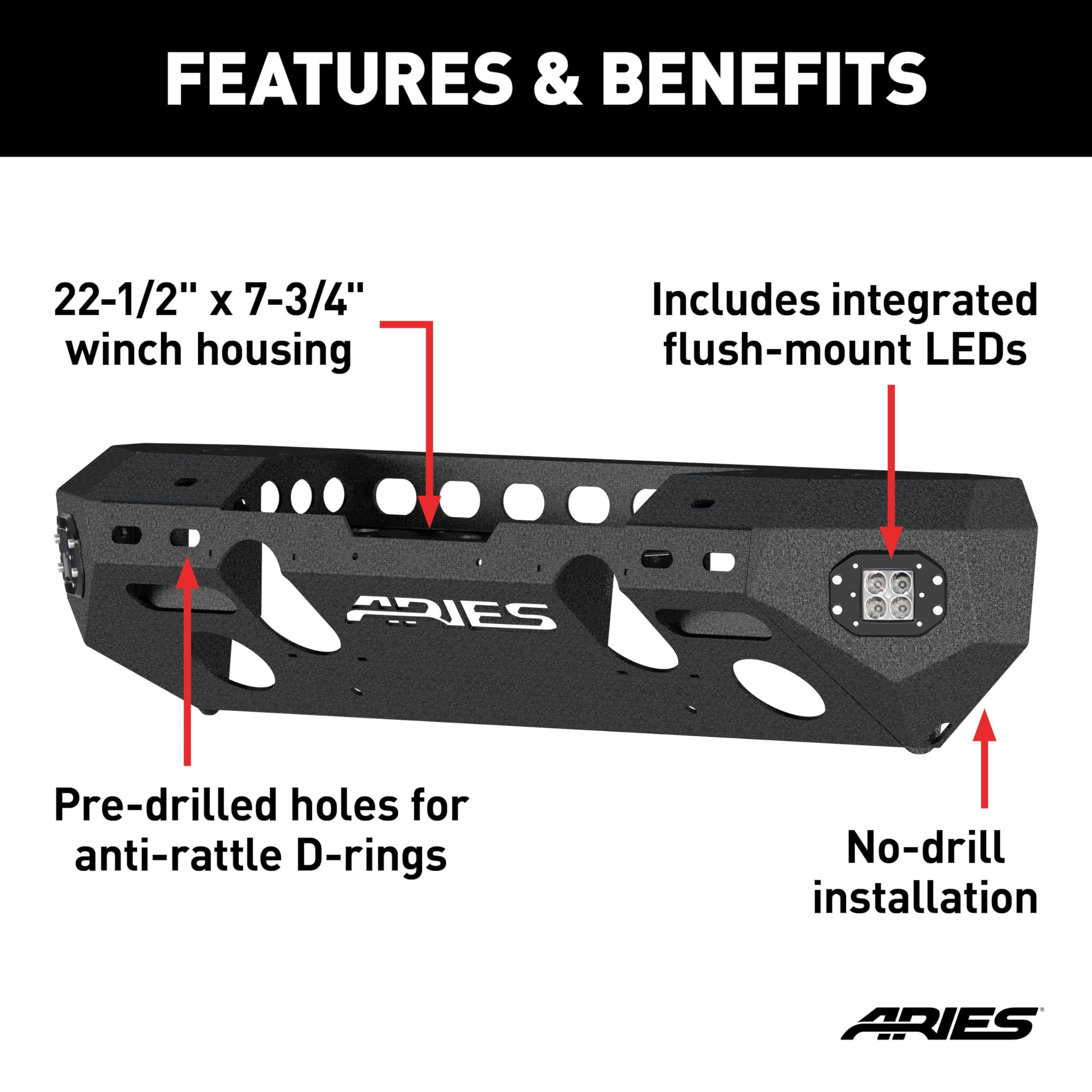 ARIES 2082071 TrailChaser Black Steel Front Bumper with LED Lights & Winch Mount for Jeep Wrangler JL & Gladiator - Off-Road Adventure & Heavy-Duty Protection