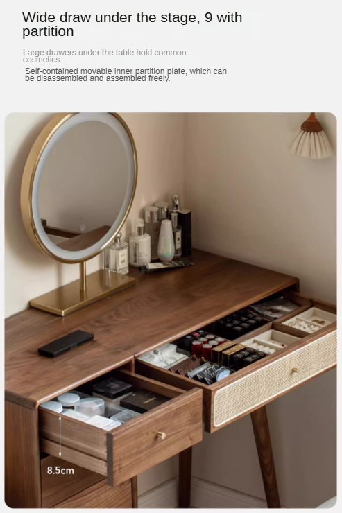 Premium Black Walnut Solid Wood Rattan Vanity Dressing Table - Elegant Makeup Desk with Mirror for Bedroom, Bathroom & Boudoir Organization
