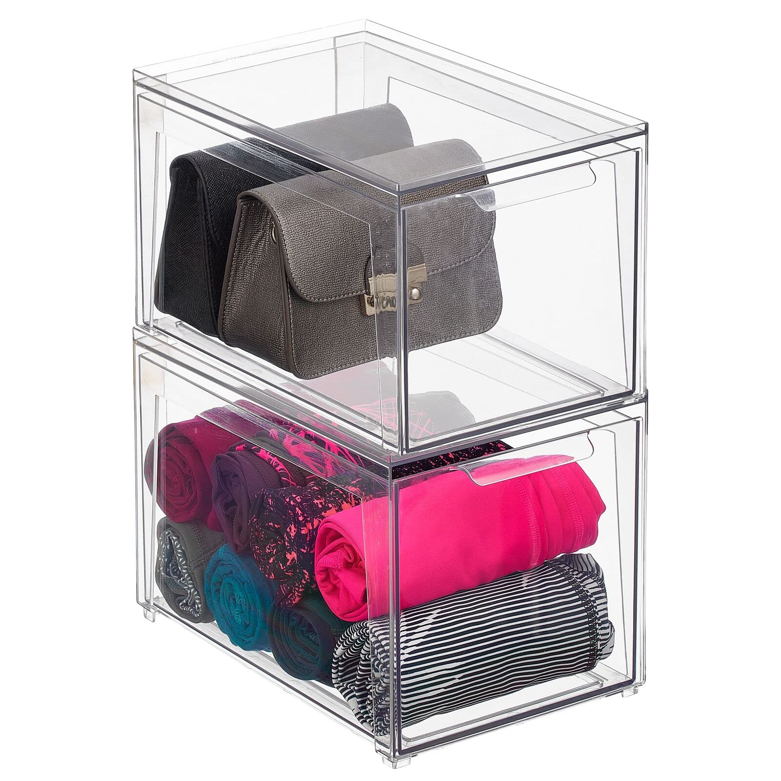 mDesign Plastic Stackable Closet Storage Bins with Pull-Out Drawers - 2 Pack Clear Organizers for Cabinet, Desk, Shelf, Cupboard & Dresser | Perfect for Bedroom, Bathroom & Office Organization | Lumiere Collection