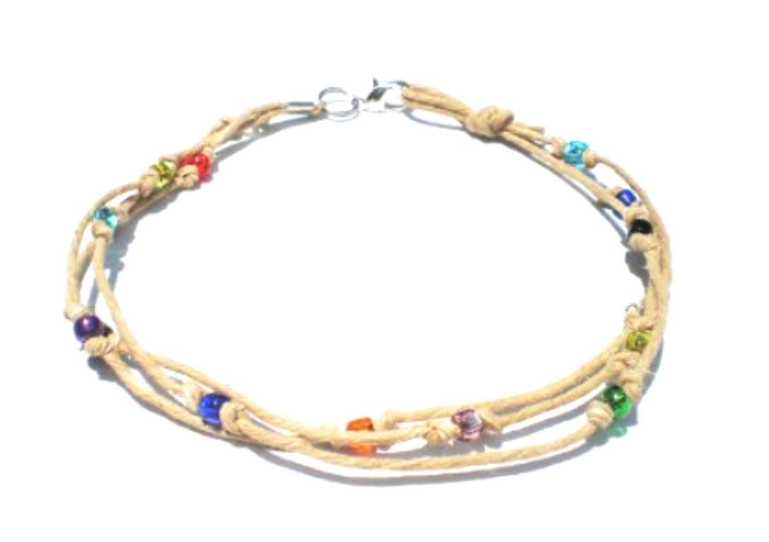 Handmade Multicolor Glass Beaded Three-String Hemp Anklet Bracelet for Women - Boho Beach Jewelry, Summer Festival Accessory, Yoga & Meditation Gift