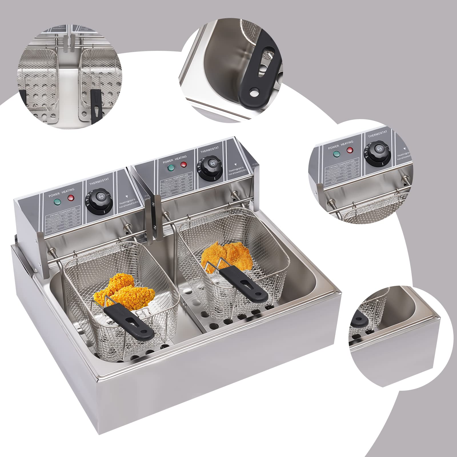 12L 5000W Commercial Electric Countertop Deep Fryer - Dual Tank Stainless Steel Deep Fryer with 2 Baskets - Professional Restaurant-Grade Frying Machine for Home & Commercial Kitchens - Perfect for Chicken Wings, French Fries, Donuts & More