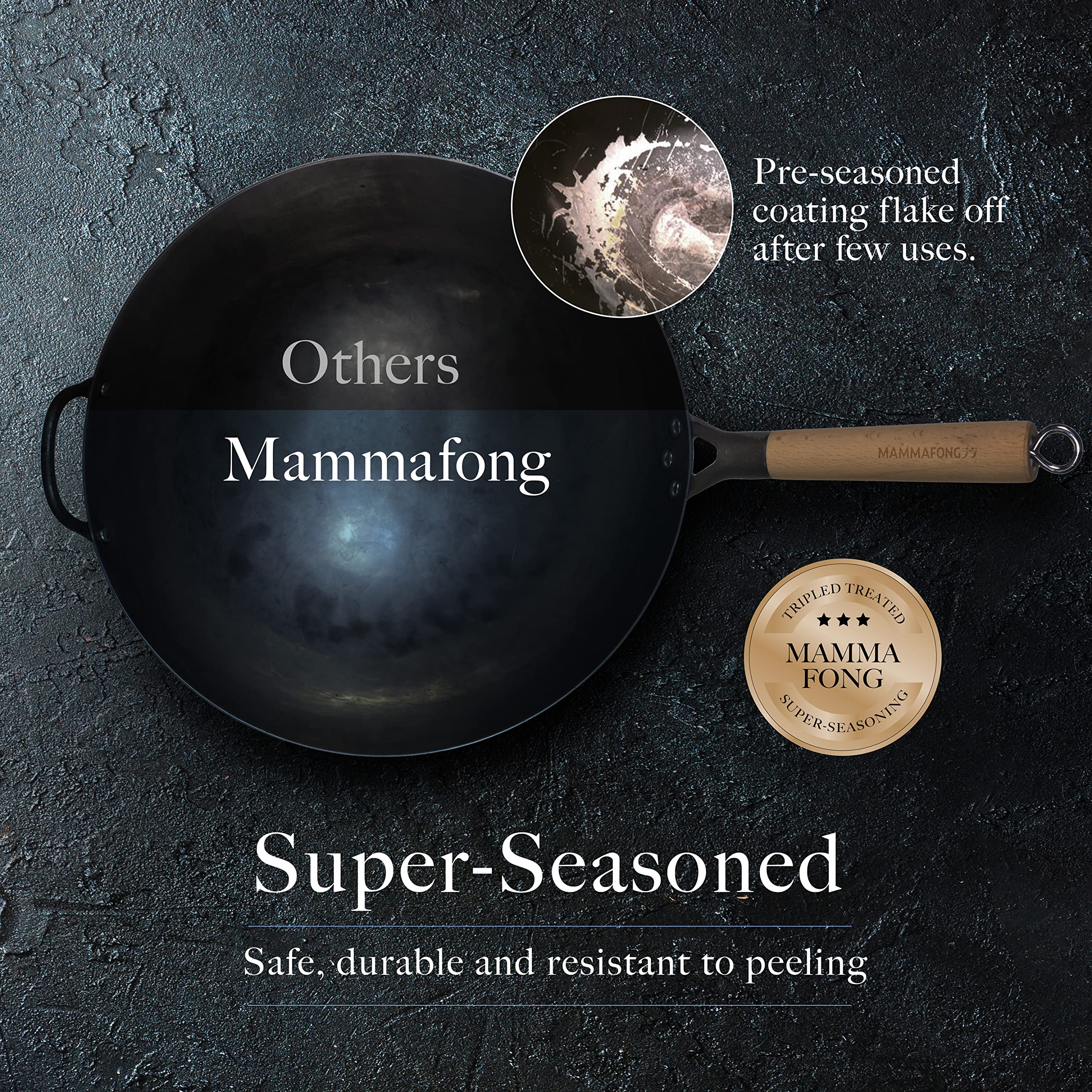 14 Inch Traditional Hand Hammered Pre-Seasoned Carbon Steel Wok Set with Spatula & Bamboo Brush - Round Bottom Chinese Stir Fry Pan for Professional Cooking, Home Kitchen & Asian Cuisine