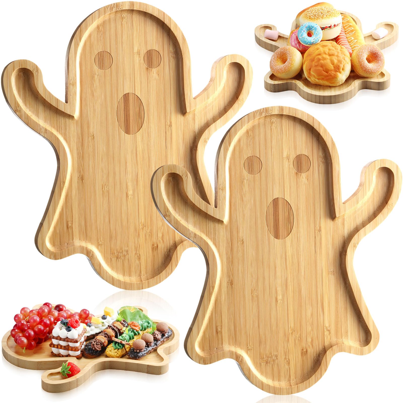 2-Piece Halloween Charcuterie Board Set - Funny Ghost-Shaped Bamboo Cheese Platter & Serving Tray for Candy, Cookies, Appetizers - 12.6 x 14.2 Inch Halloween Party Dinnerware for Home Gatherings & Spooky Decor