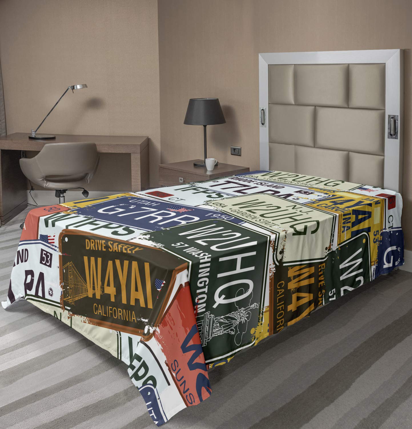 Ambesonne Vintage Flat Sheet - Retro License Plates Design, Soft & Comfortable Twin Size Top Sheet for Bed - Green Blue Yellow | Perfect for Travel & Vacation Themed Bedroom Decor