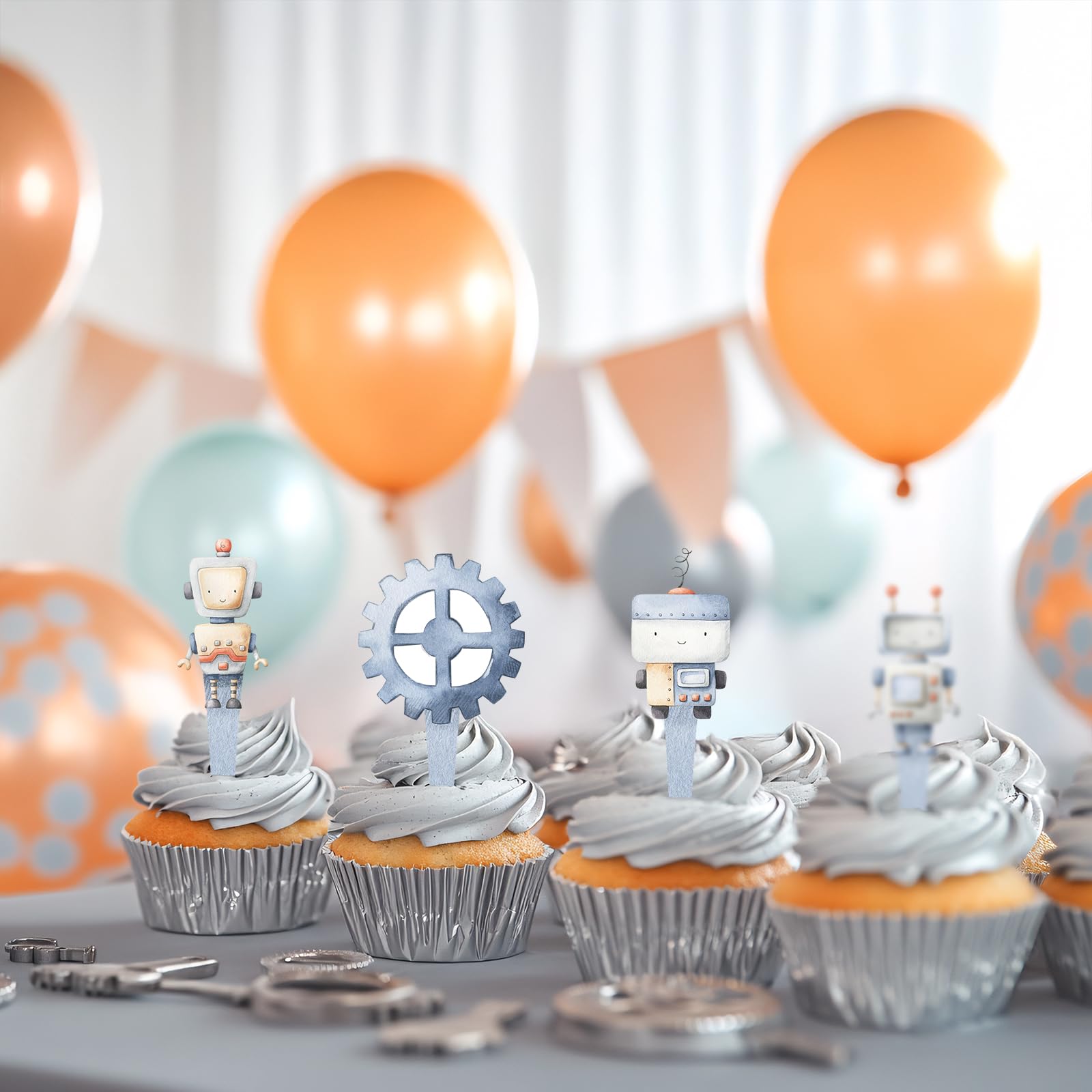 40 PCS Robot Cupcake Toppers - Fun Robot-Themed Birthday Party Decorations for Kids, Baby Showers & DIY Baking Projects