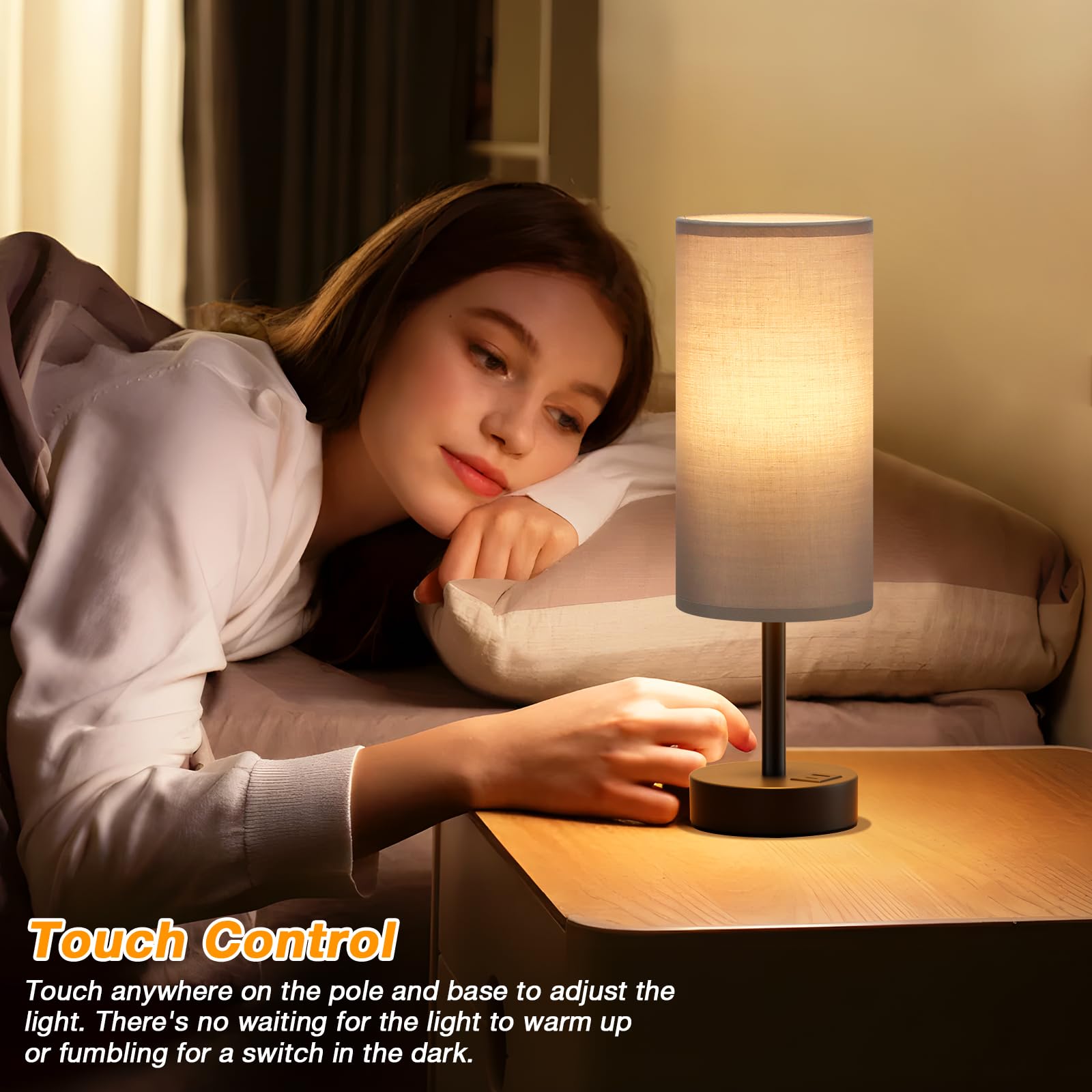 Grey 3-Way Dimmable Touch Bedside Lamp with USB Charging Station - Adjustable Nightstand Table Lamp for Bedroom, Desk, Dorm, Office, Kids Room, Perfect for Reading, Studying, and Relaxing