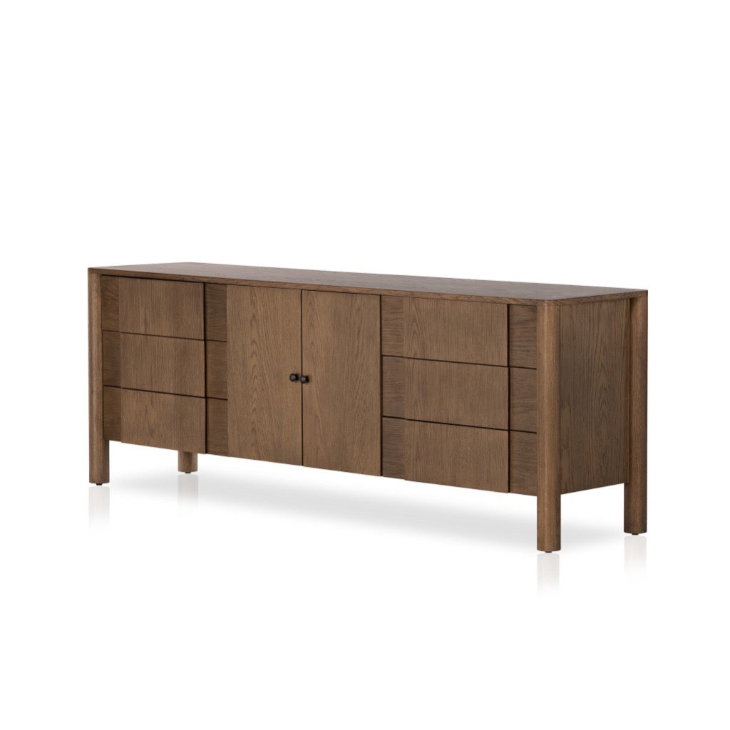 Pollard Media Console - Modern TV Stand with Tan Oak Veneer for Living Room, Home Theater & Entertainment Center | Stylish Storage Cabinet for TV, Gaming Consoles & Electronics