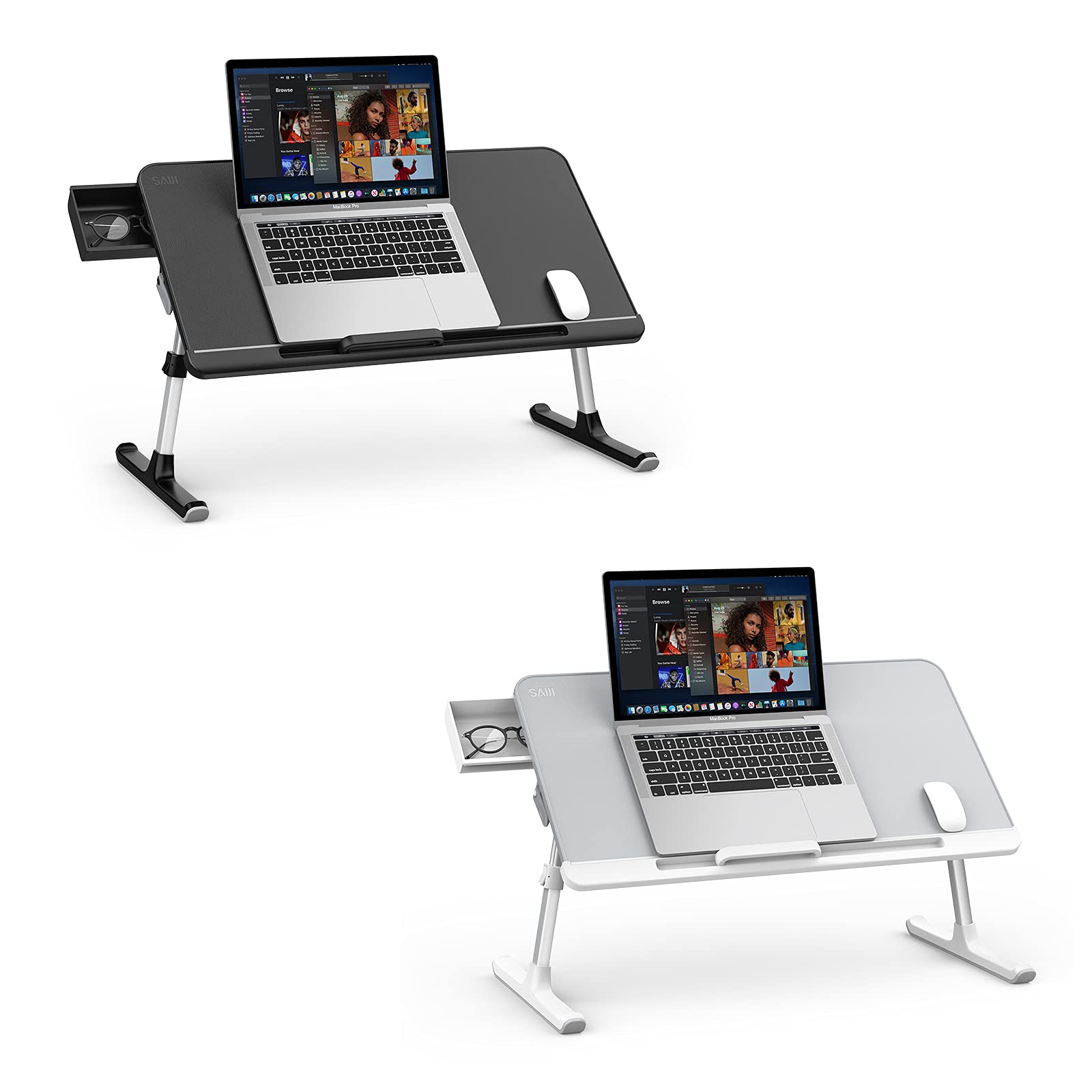 SAIJI Adjustable Laptop Bed Tray Desk - Foldable Portable Lap Desk with Storage Drawer, PVC Leather Surface, Ergonomic Laptop Stand for Sofa, Couch, Bed & Floor Use (Large Size, Gray & Black) - Perfect for Home Office, Remote Work & Relaxing in Bed