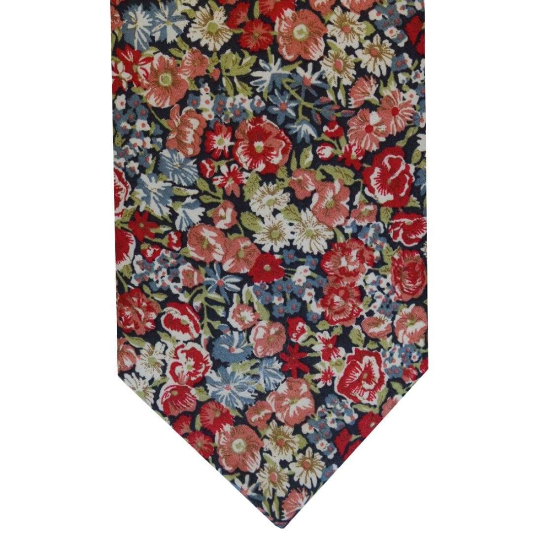 LA Smith Slim Chive Red Coral Pure Cotton Necktie - Premium Liberty Fabric Mens Tie for Business, Wedding & Formal Occasions