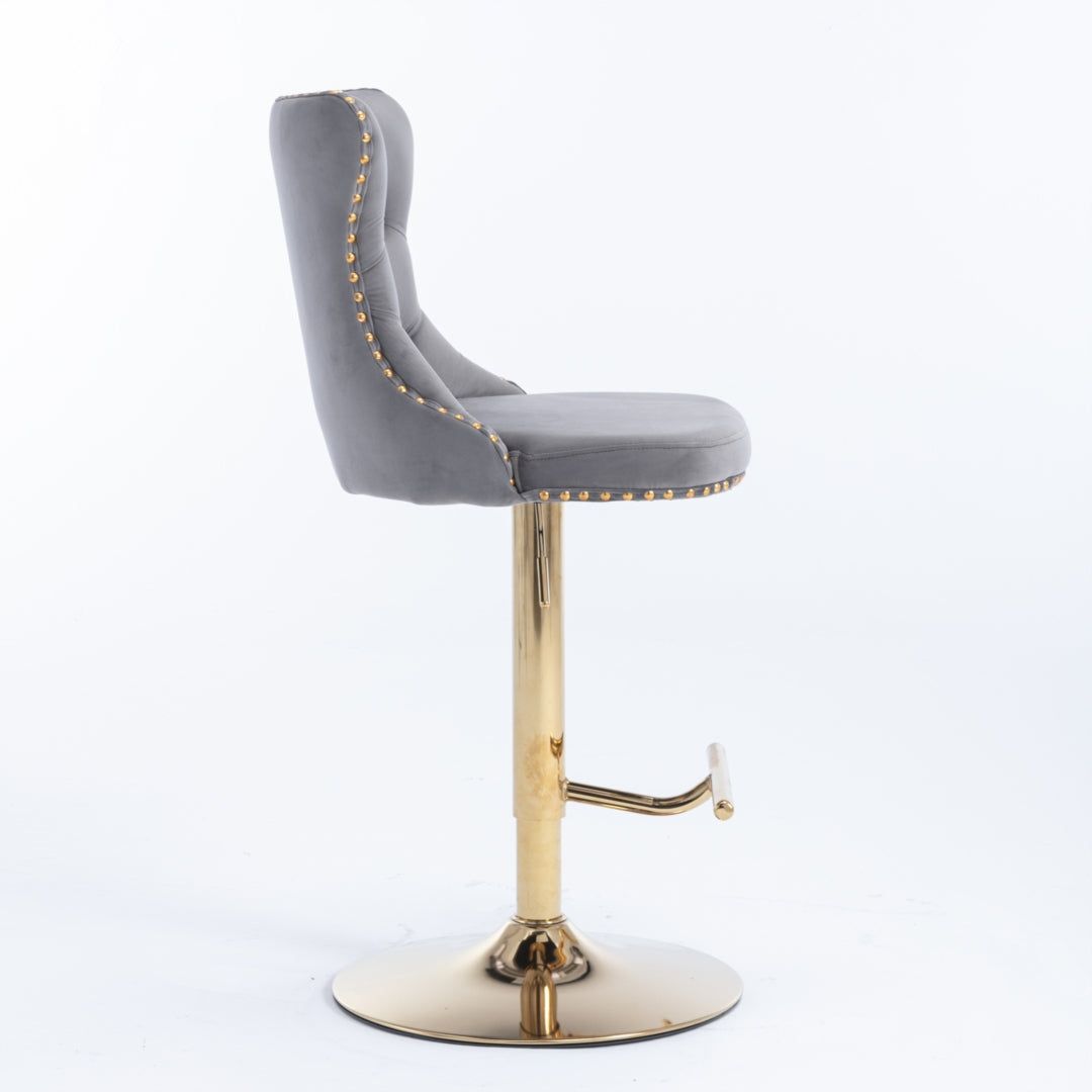 Adjustable Height Swivel Bar Stool with Footrest - Velvet Upholstery, Studded Design & Golden Base (Grey) - Perfect for Kitchen Islands, Home Bars & Dining Counter Stools