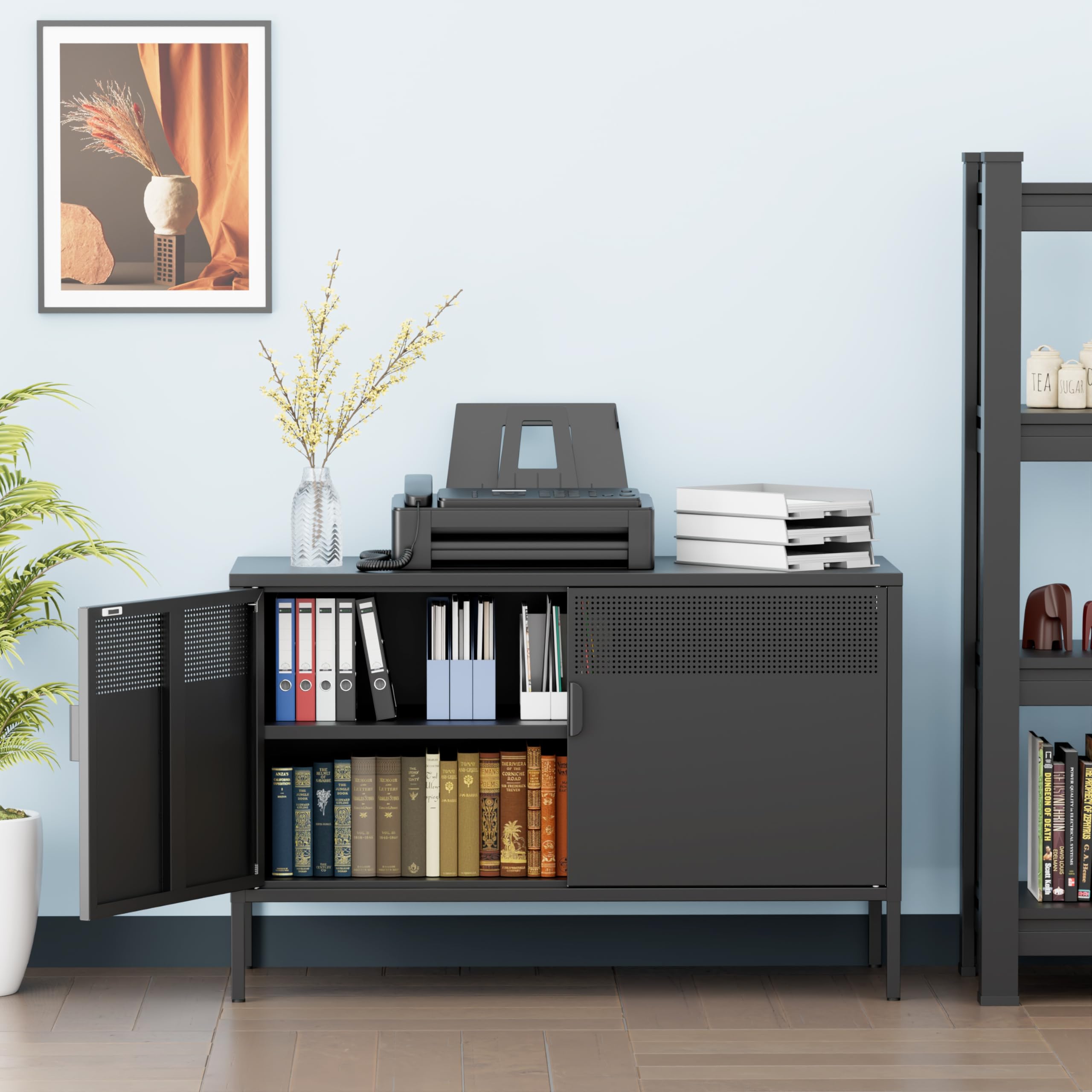 Black Wide Metal Locker Storage Cabinet - 2 Door Industrial Style Cabinet for Home & Office Organization - 2 Tier Low Profile Metal Cabinet with Adjustable Shelf - Multipurpose TV Stand, Entryway Storage & Closet Organizer - Perfect for Living Room, Bedroom, Office or Garage Storage Solutions