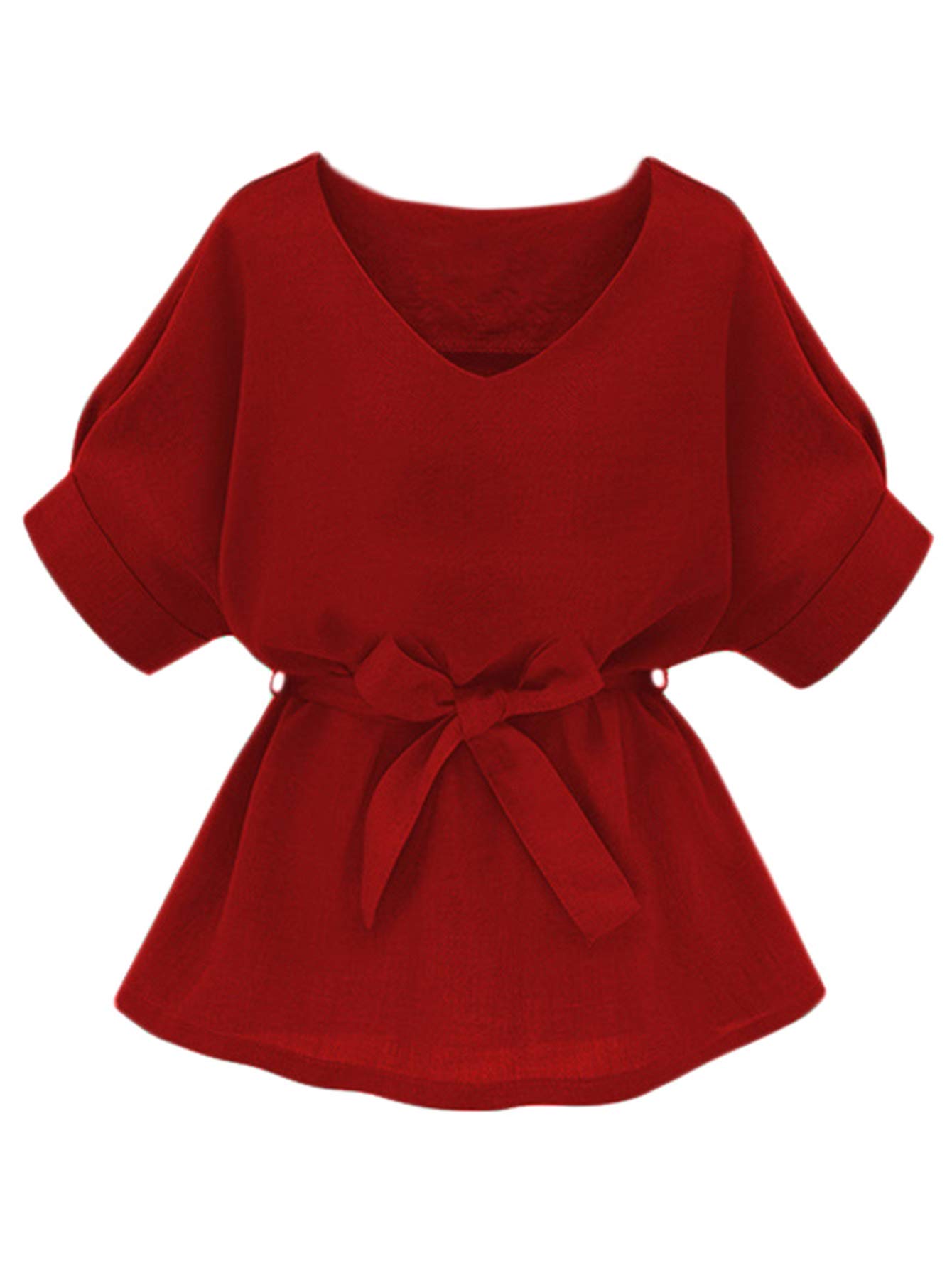 Milumia Women's Casual V-Neck Self-Tie Short Sleeve Blouse Tunic Top for Office Work & Business Casual Outfits | Comfortable Summer Workwear & Professional Attire
