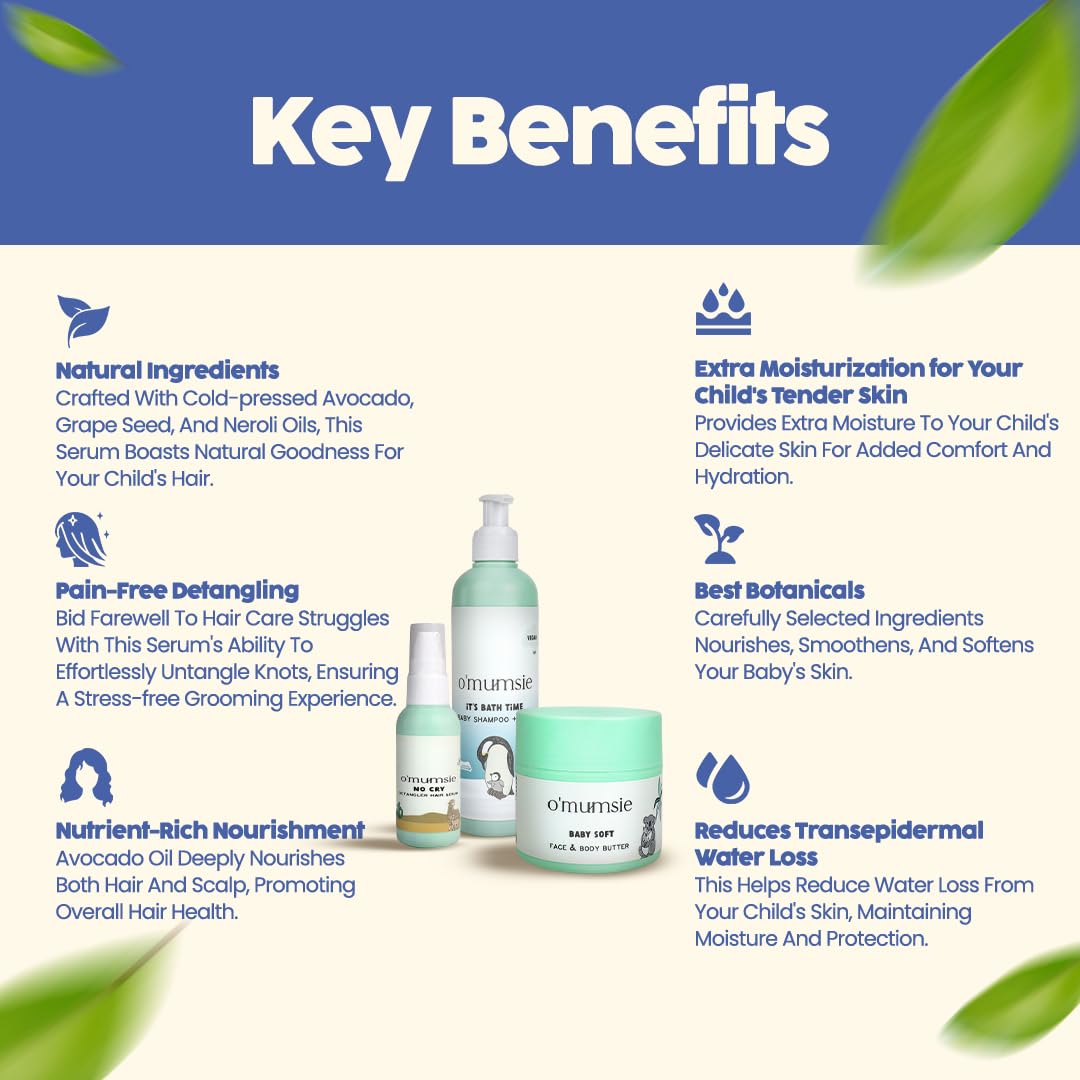 O'mumsie Baby Care Gift Set - Detangling Hair Serum (50ml), Nourishing Face & Body Butter (100g), Gentle Baby Wash & Shampoo (250ml) | Complete Newborn Skincare Kit in Beautiful Gift Box | Perfect for Baby Showers, Christenings & Daily Care Routines