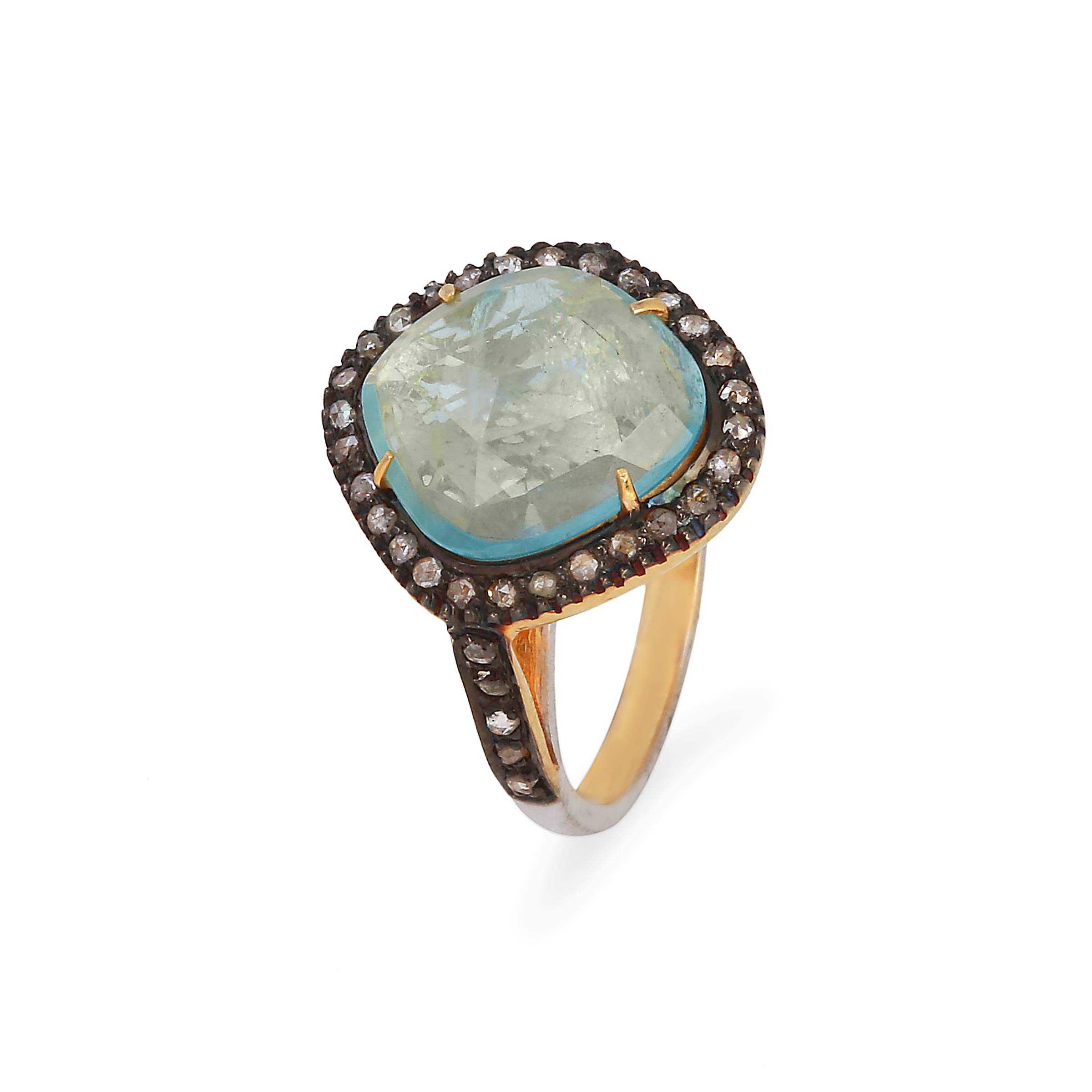 925 Sterling Silver & 14K Gold Plated Square Aquamarine & 0.37ct Brown Diamond Ring for Women - Elegant Birthstone Jewelry Gift for Anniversary, Engagement & Special Occasions