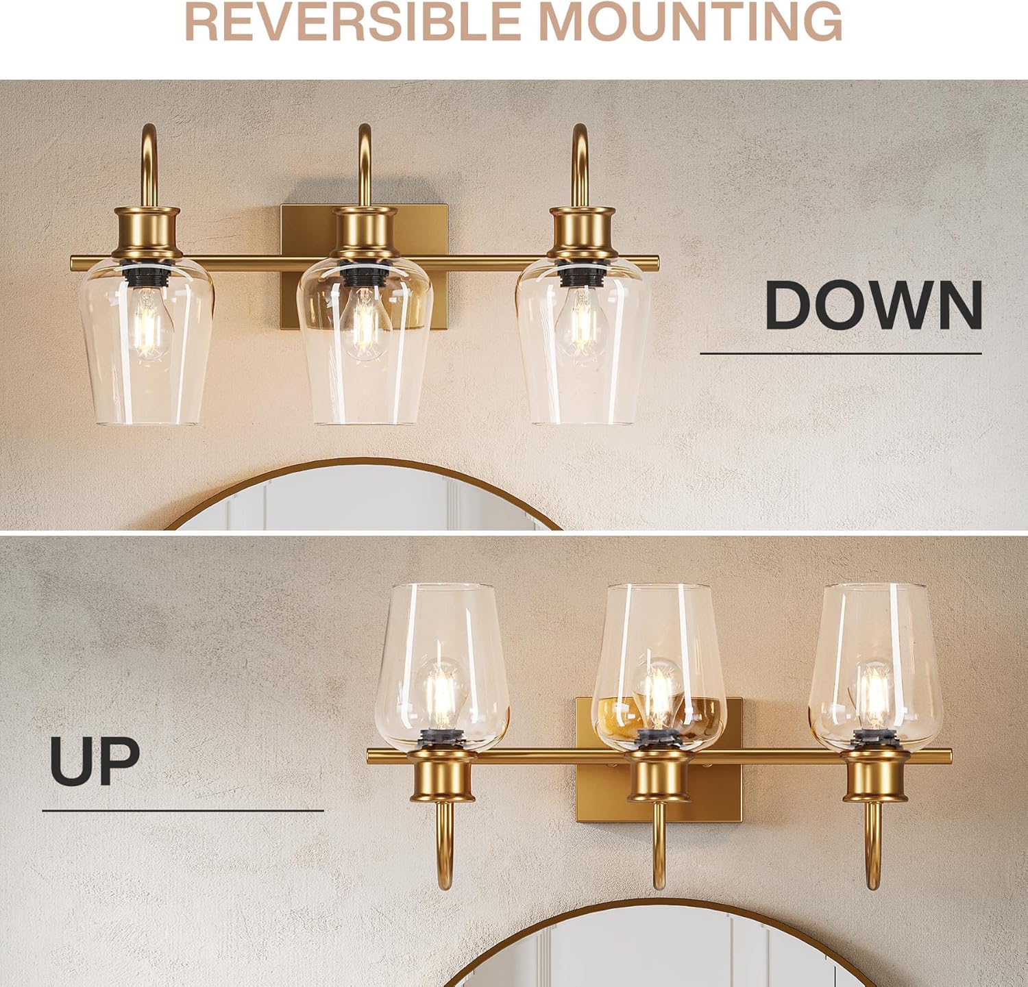 3-Light Vanity Light Fixture with Clear Glass Shade - Modern Bathroom Lighting for Mirror, Makeup Area & Dressing Room