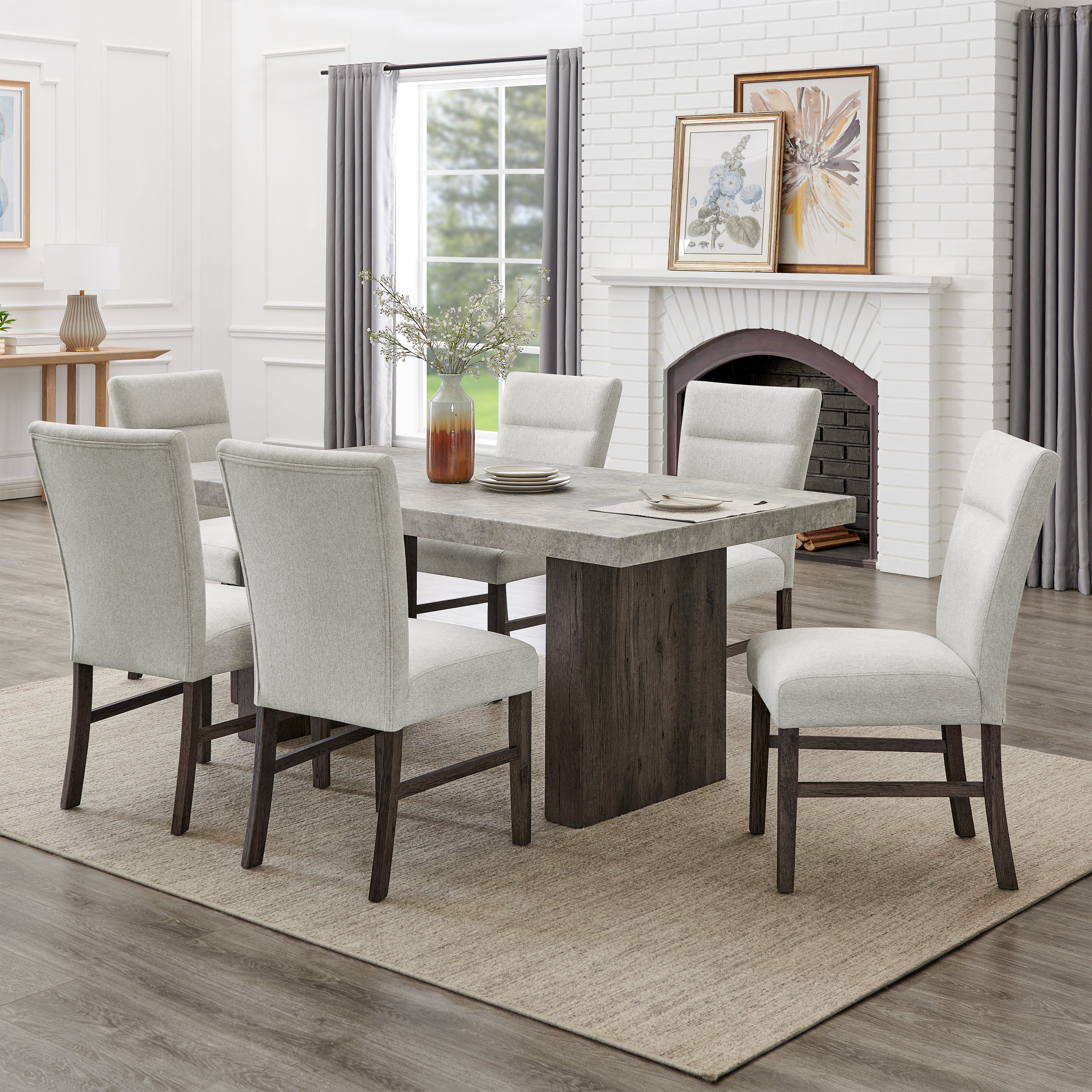 Roundhill Furniture Sorlen Modern 7-Piece Dining Set - 3D Faux Concrete Table with 6 Upholstered Chairs for Kitchen, Dining Room & Outdoor Patio