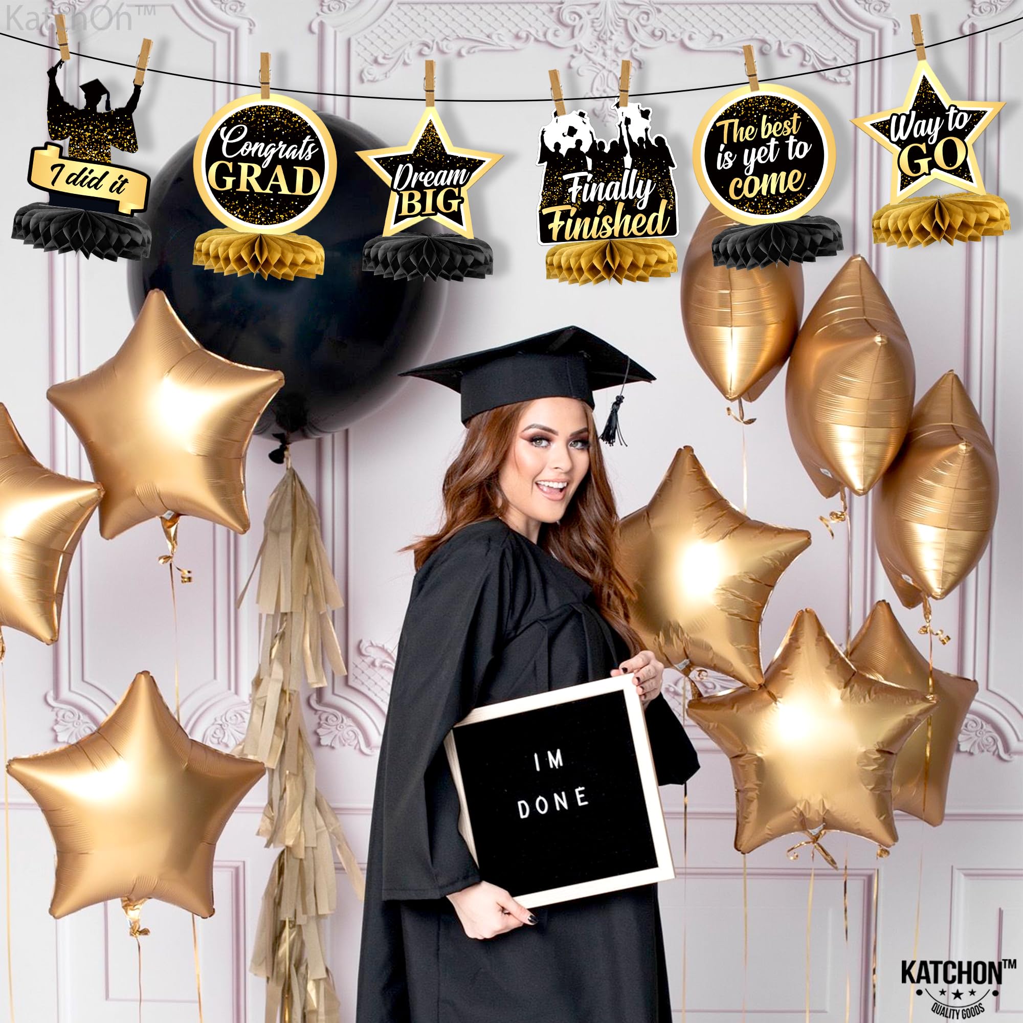 KatchOn 2025 Graduation Centerpieces - Pack of 9 Black & Gold Table Decorations for Graduation Party, Class of 2025 | Elegant Graduation Decor for Commencement Ceremony, Graduation Dinner & Photo Backdrop
