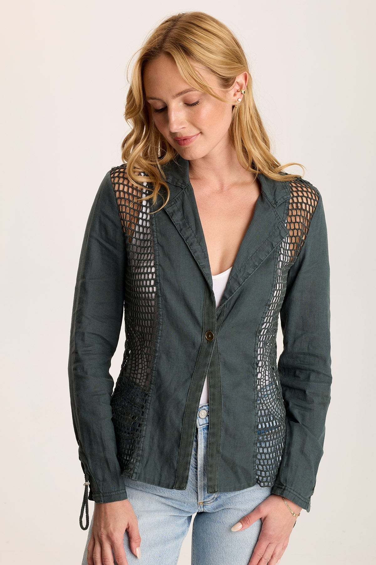 Contessa Linen Blazer with Crochet Insets - Women's Lightweight Summer Jacket for Office Wear & Casual Outfits