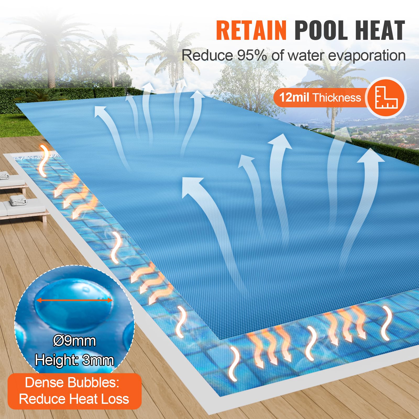 VEVOR 32 x 16 ft Rectangle Solar Pool Cover - 12 Mil Thick Blue Bubble Solar Blanket for Inground & Above Ground Swimming Pools | Heat Retention & Energy Saving | Perfect for Summer Pool Heating & Winter Protection