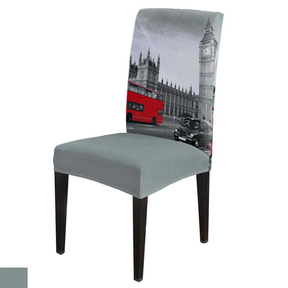 Stretch Dining Chair Covers Set of 6 - Modern London Cityscape Design in White & Red - Soft Washable Elastic Seat Protectors for Kitchen, Office & Dining Room - UK Street Style Home Decor