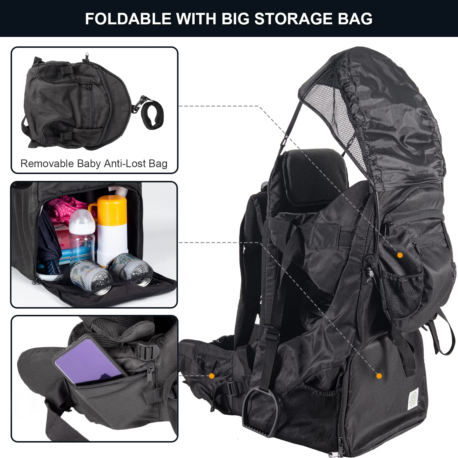 Baby Backpack Carrier for Hiking & Camping - Adjustable Padded Toddler Carrier with Rain Cover, Sun Shade & Large Storage Pockets | Safe Child Carrier for Outdoor Adventures, Travel & Daily Use