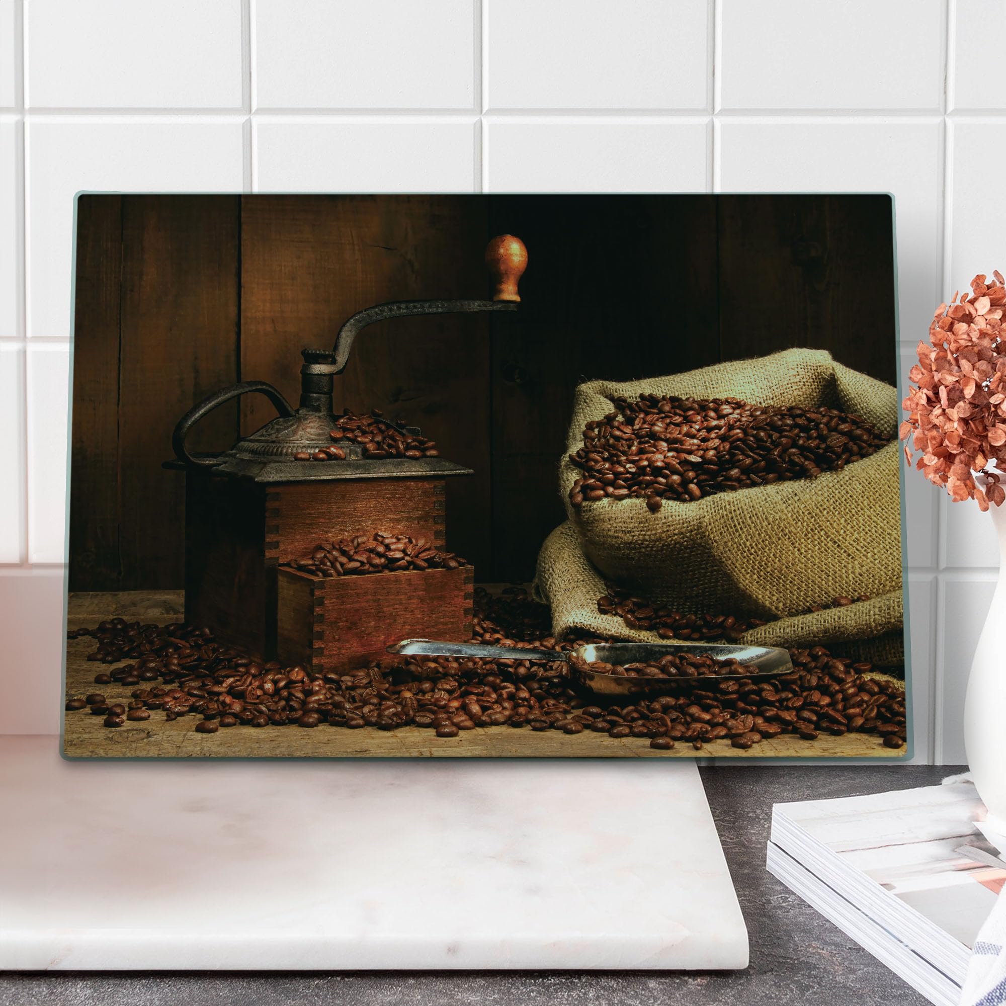 Ambesonne Vintage Coffee Cutting Board - Antique Grinder with Burlap Sack Beans Design, Large Wooden Back Tempered Glass Serving Board for Kitchen Decor (Cinnamon Charcoal) - Perfect for Coffee Enthusiasts & Home Decor