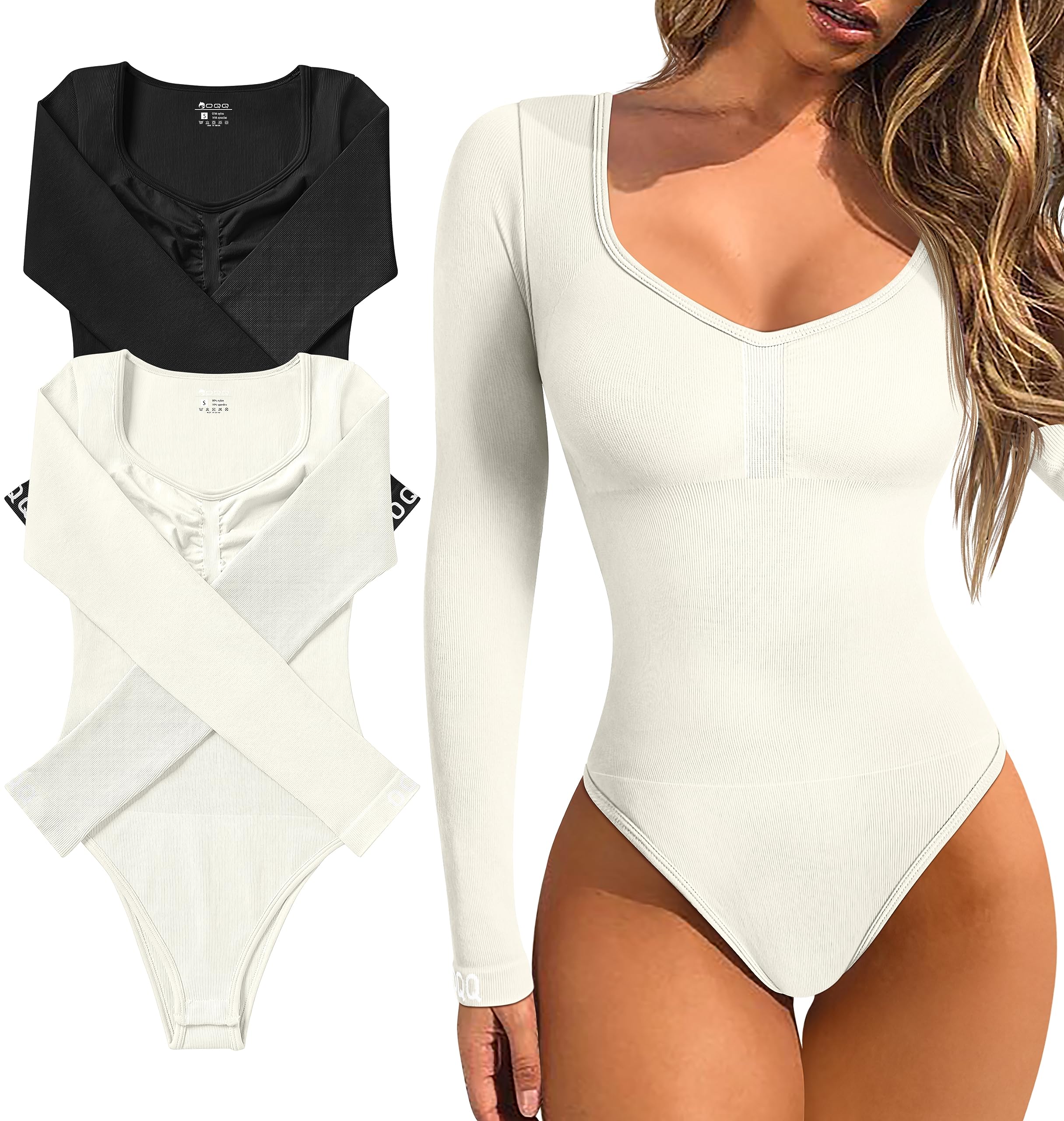 OQQ Women's 2-Piece Sexy Ribbed Long Sleeve Bodysuit Set - Tummy Control Shapewear for Everyday Wear & Date Night Outfits