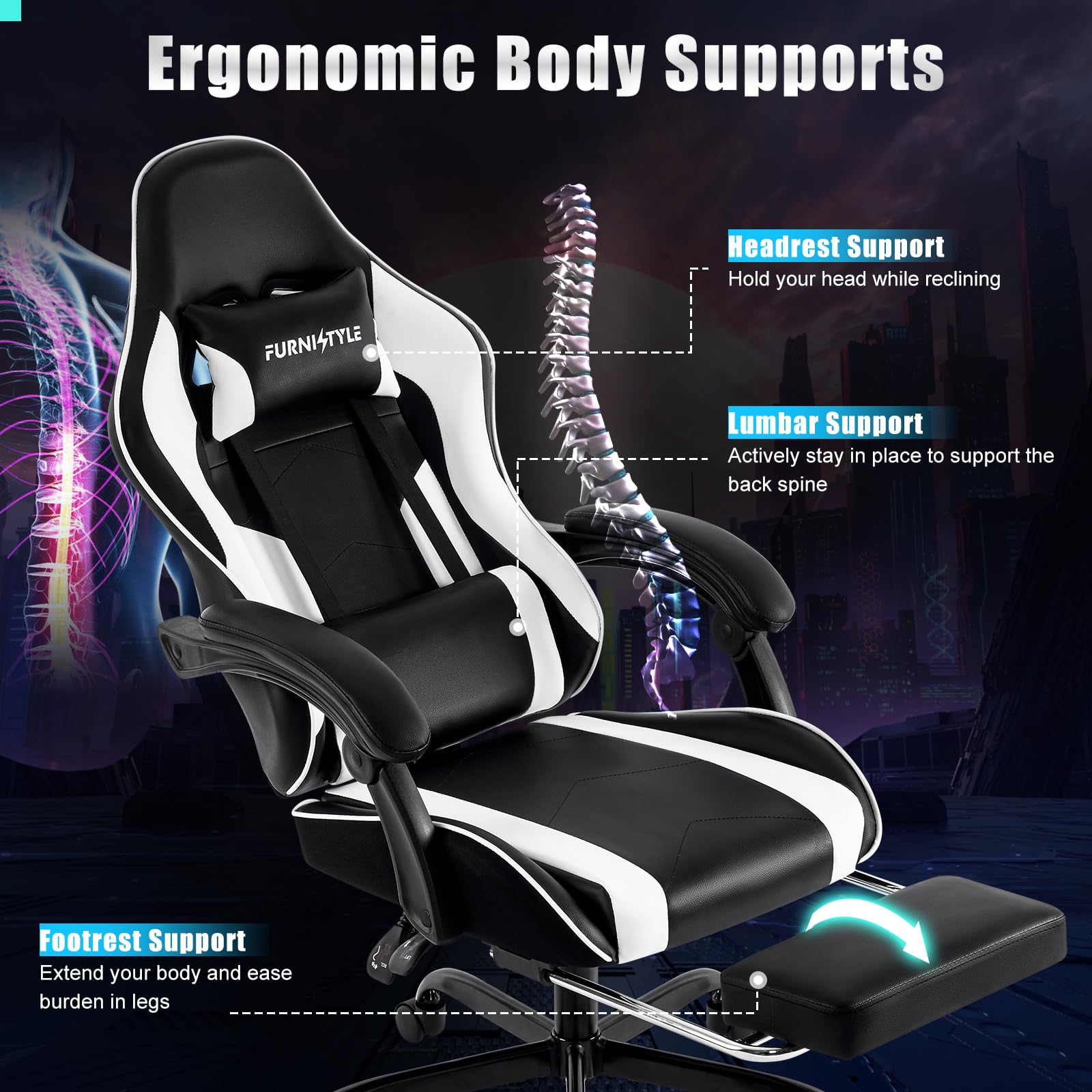 Ergonomic Gaming Chair with Footrest & Lumbar Support - Reclining Video Game Desk Chair for Teens & Adults - Adjustable Linkage Armrests - PU Leather Computer Chair for Office & Home Gaming Setup (Black-White) - Perfect for Esports, Streaming & Long Work Sessions