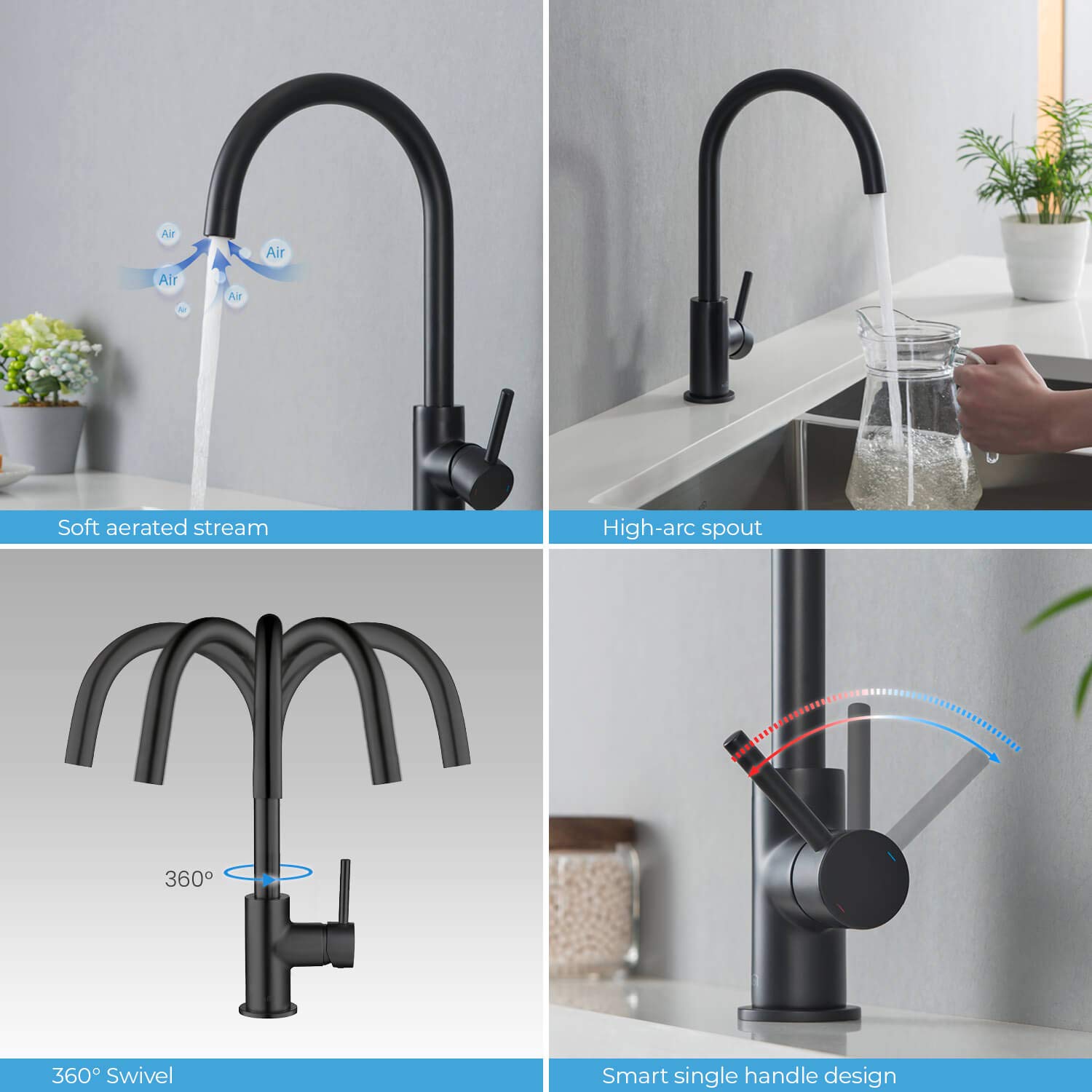 KIBI KKF2001 Matte Black High Arc Single Hole Kitchen Faucet - 360° Swivel Spout, Rust & Corrosion Resistant - Perfect for Modern Farmhouse, RV & Small Kitchen Sinks