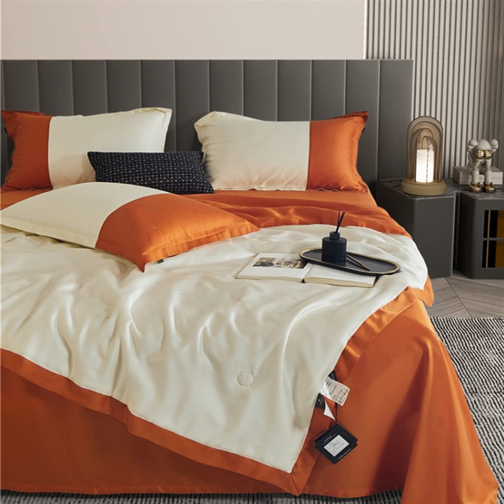 Premium Tencel Ice Silk Summer Cooling Comforter Set - Double-Sided, Machine Washable, Ultra-Thin & Breathable for Air-Conditioned Rooms (Orange, 220x240cm) - Perfect for Hot Sleepers & Bedroom Comfort