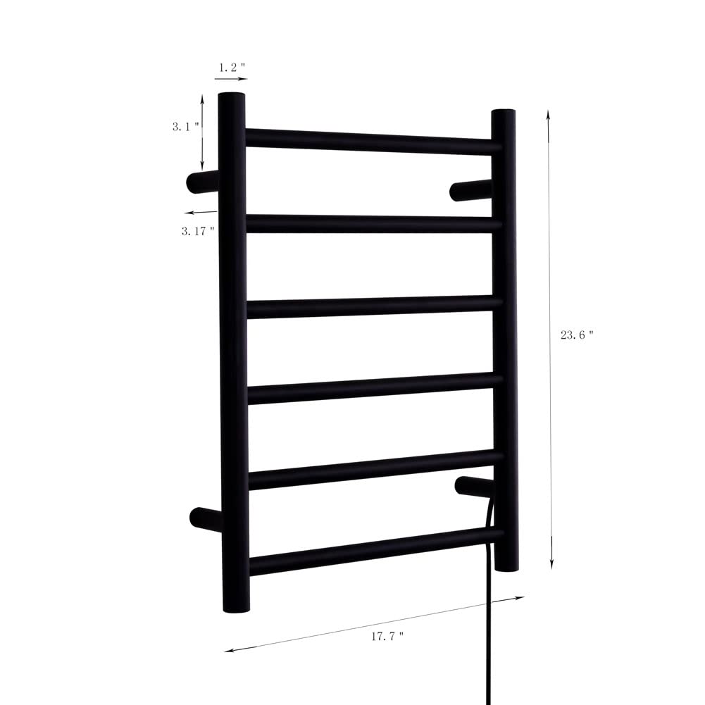 FUREX 6 Bar Electric Heated Towel Warmer Rack - Wall Mount Plug-in Bathroom Towel Heater with LED Button Switch in Matte Black - Perfect for Spa, Luxury Bathroom & Home Decor