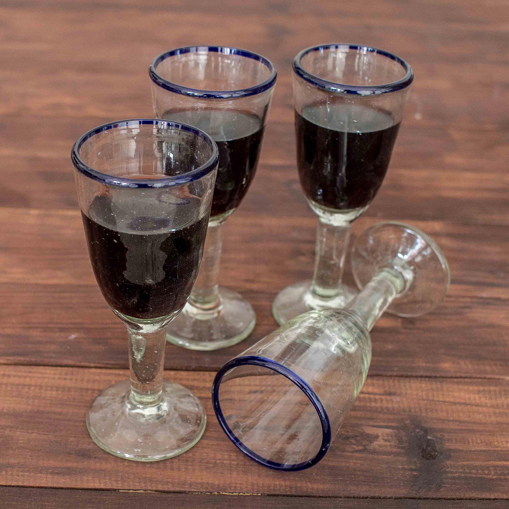 NOVICA Hand Blown Clear Blue Recycled Glass Wine Glasses - 5 Oz 'Bubbly' Set of 4 - Eco-Friendly Stemware for Champagne, Cocktails & Special Occasions
