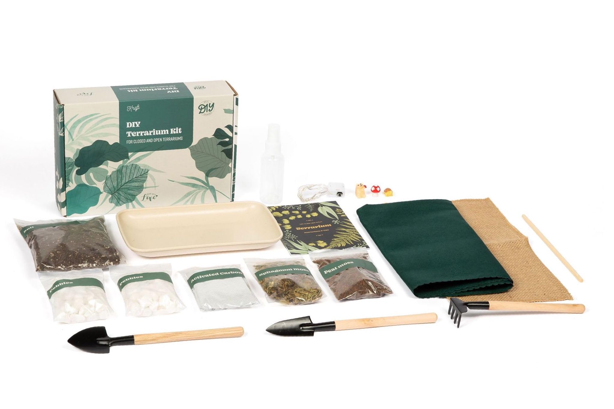 Complete DIY Terrarium Kit with 13 Items - Soil, Pebbles, Sphagnum Moss, Activated Carbon & Tools for Indoor Gardening | Create Your Own Mini Ecosystem for Home Decor, Office Desk or Gift