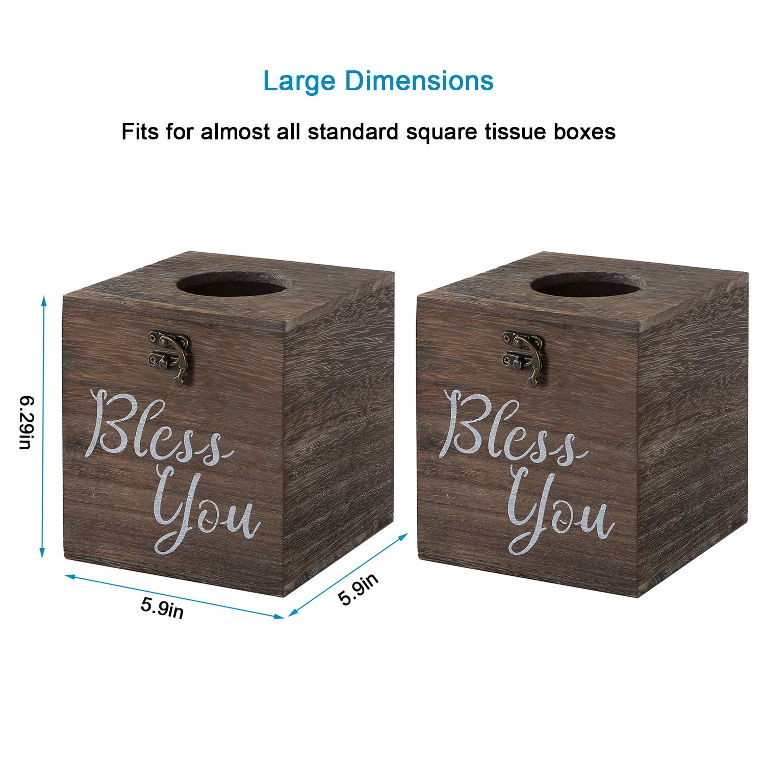 Bless You Wood Tissue Box Cover Set of 2 - Rustic White Square Tissue Box Holder, Farmhouse Style Toilet Paper or Napkin Dispenser for Bathroom, Living Room, Kitchen & Dining Table (Brown) - Perfect for Home Decor & Gift Giving