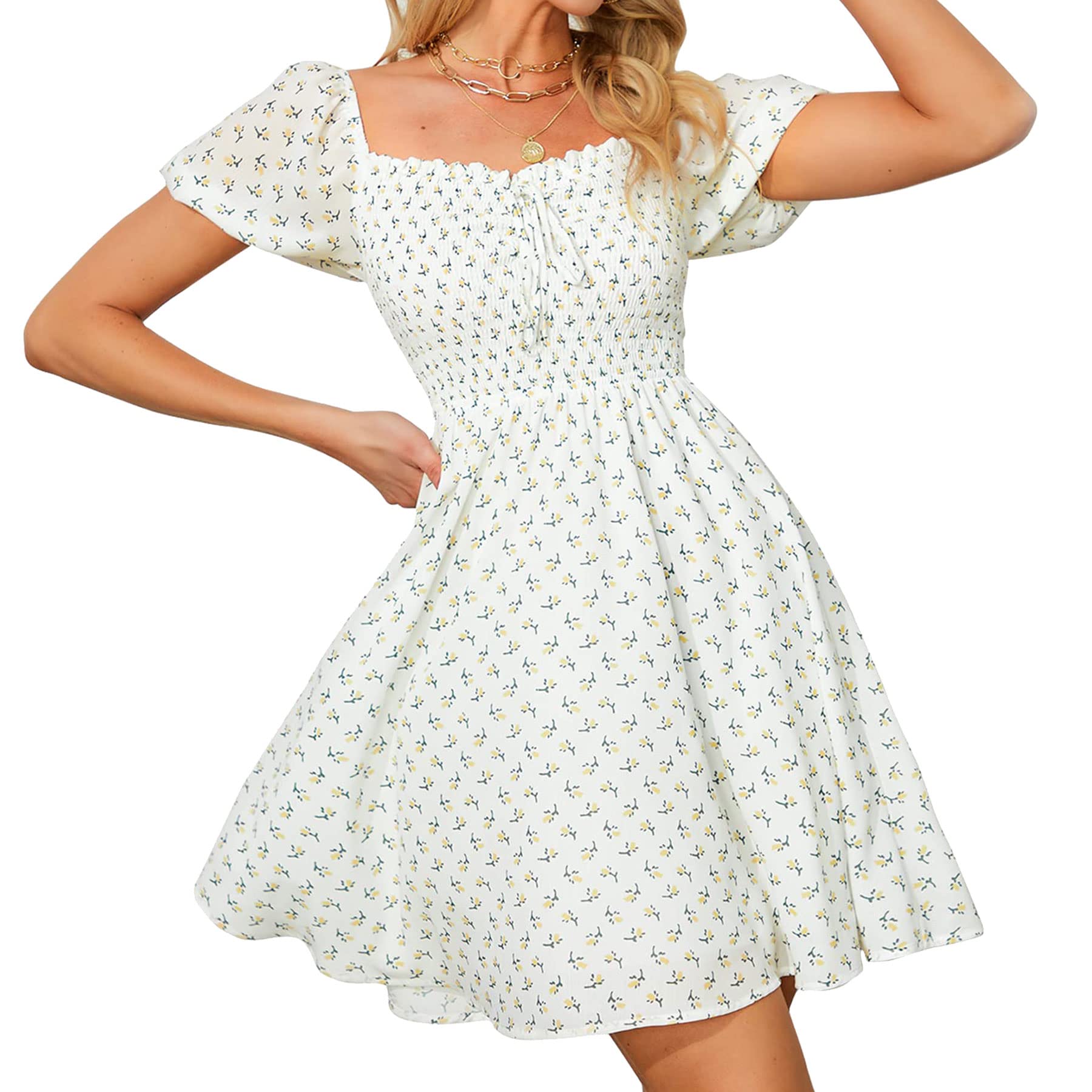 Women's Mini High Waist Bubble Short Sleeve Drawstring Solid Dress - Casual Summer Outfit for Beach, Party & Date Night
