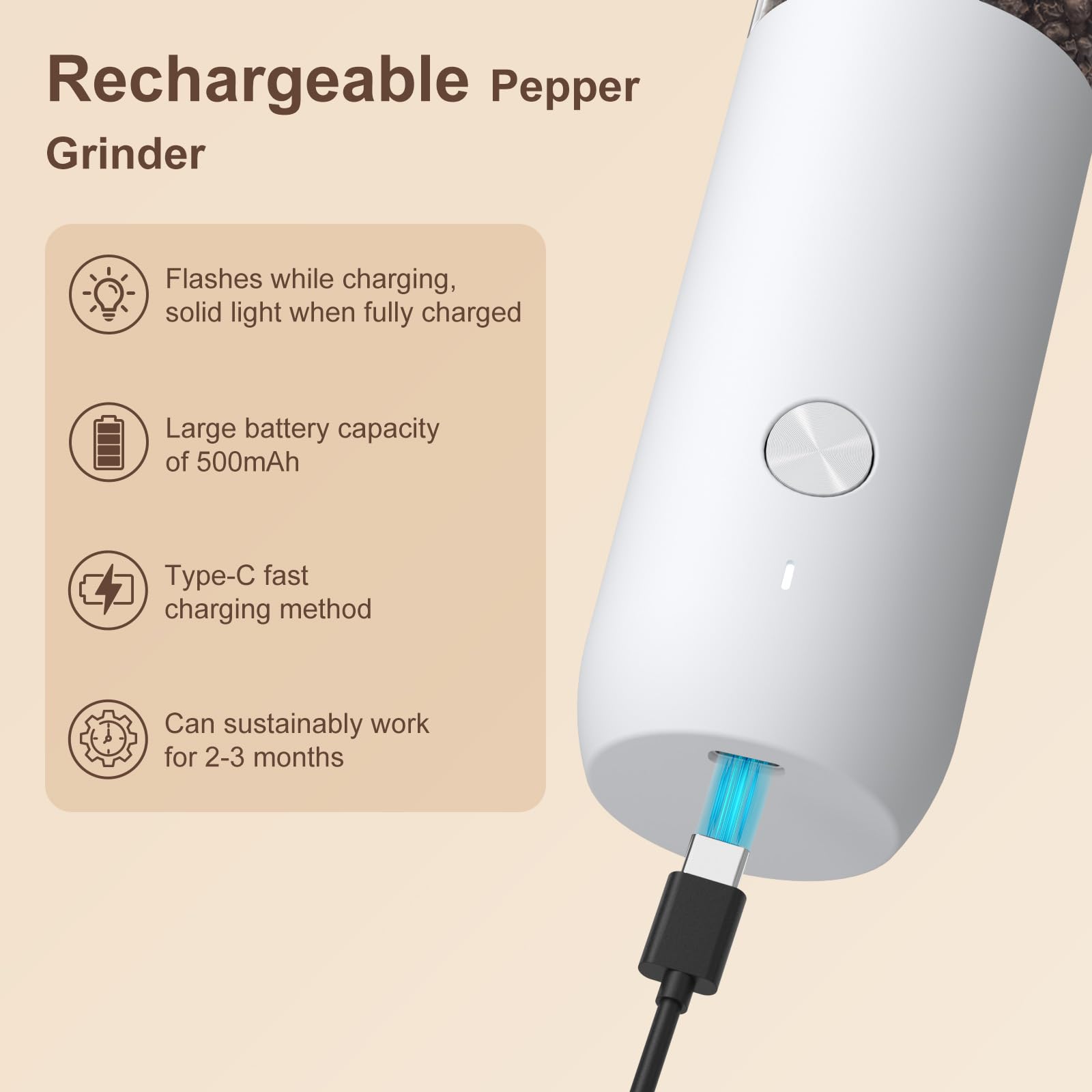 Ultrean Rechargeable Electric Salt and Pepper Grinder Set (2 Pack) - Adjustable Coarseness, LED Light, One-Hand Operation - Perfect for Kitchen, Dining, Camping & Gifting - White