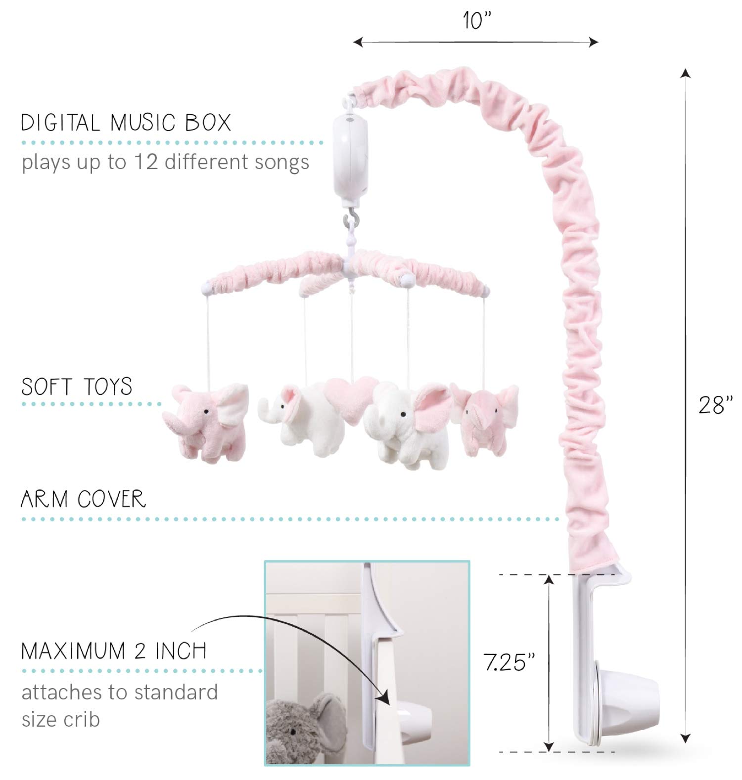 Pink Elephant Baby Nursery Decor Set - 4 Piece Crib Bedding Set with Comforter, Fitted Sheet, Mobile & Dust Ruffle | Soft Cotton Nursery Collection for Girls & Boys | Perfect for Baby Showers, Newborn Gifts & Nursery Decorating