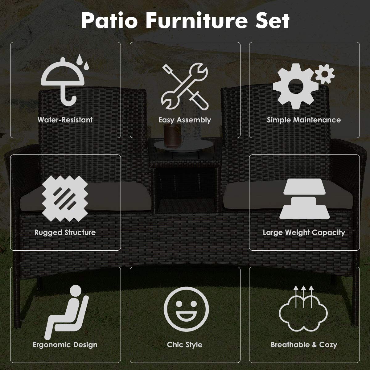 Modern Moccha Wicker Patio Conversation Set with Removable Beige Cushions & Coffee Table - Outdoor Rattan Loveseat Sofa Set for Garden, Lawn, Backyard - Durable Plastic Table Top - Perfect for Relaxing, Entertaining & Outdoor Dining