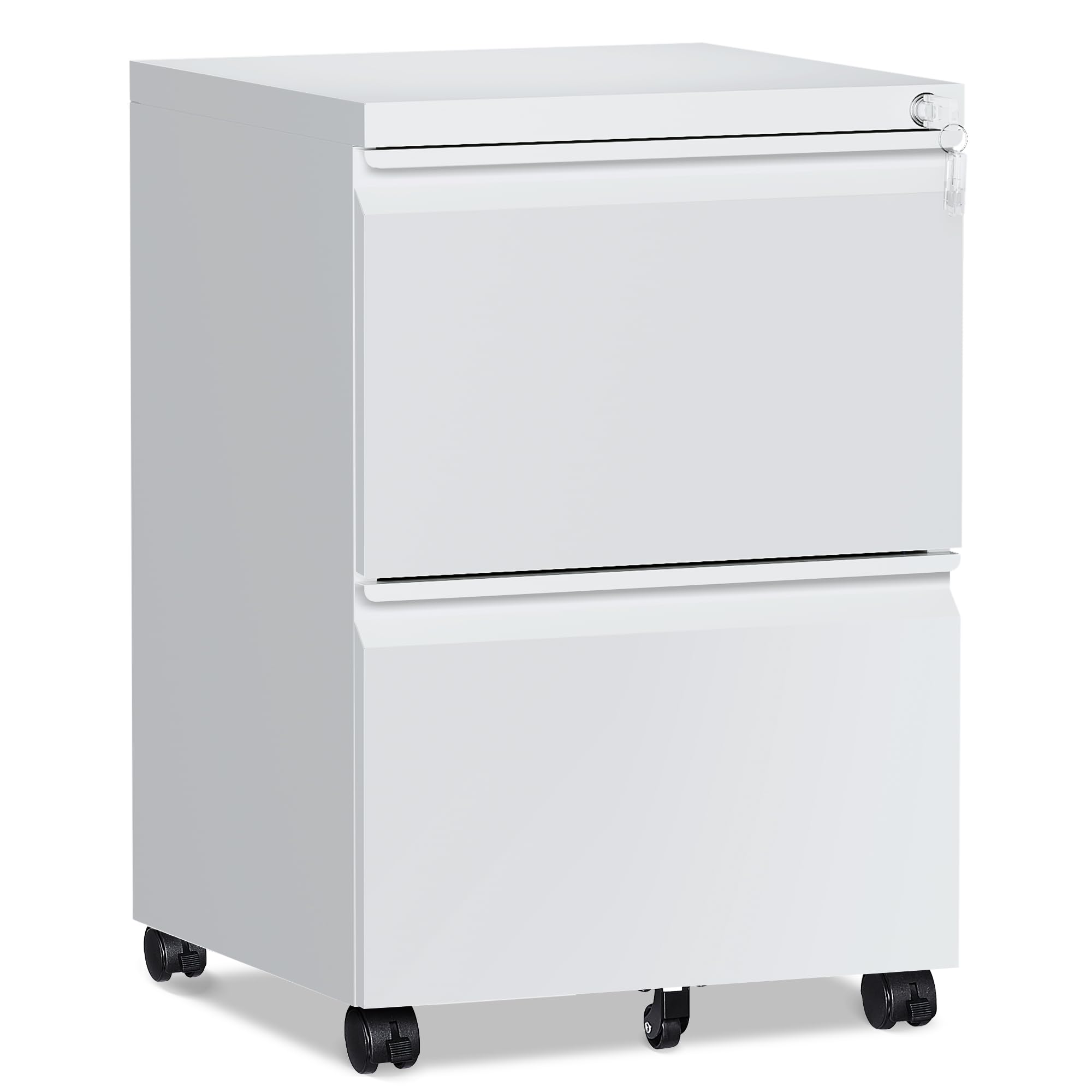 2 Drawer Mobile File Cabinet with Lock & Wheels - Fully Assembled Metal Under Desk Storage for A4/Letter/Legal Size Documents - Perfect for Office, Home & Workspace Organization (White)