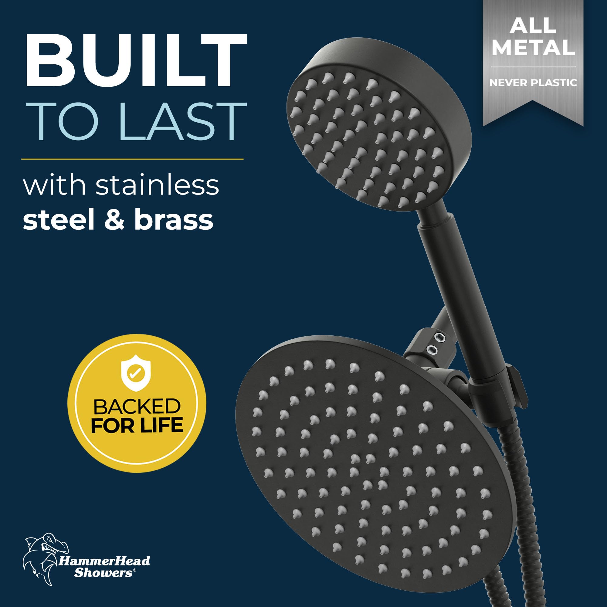 HammerHead Showers® ALL METAL Dual Shower Head Combo - 8 Inch Rainfall & Handheld Shower Head Set - High Pressure Matte Black Finish - 6ft Hose - Perfect for Luxury Bathroom & Spa-Like Experience