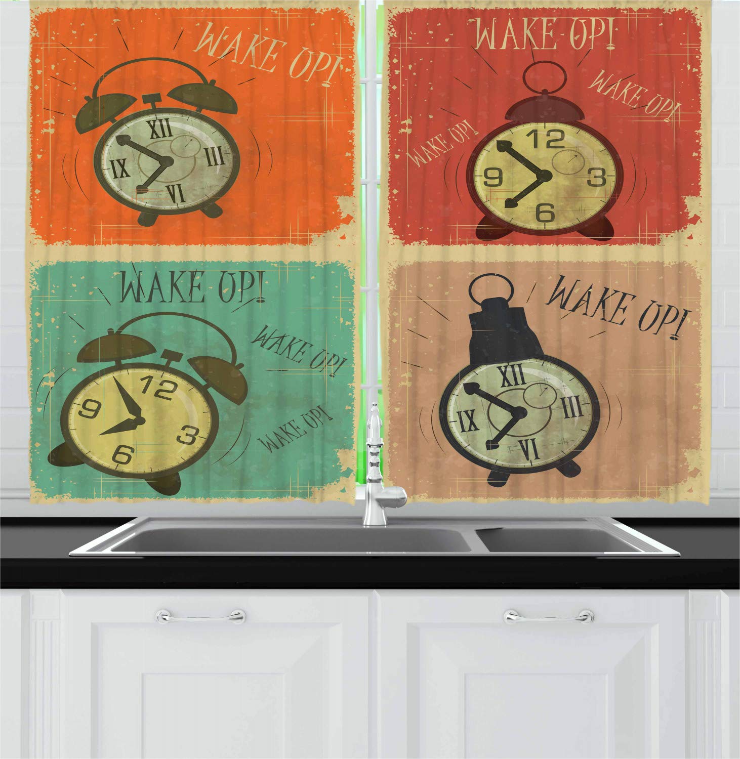 Ambesonne Vintage Alarm Clock Kitchen Curtains - Retro Grunge Style Window Drapes, 2 Panel Set for Kitchen & Cafe Decor, 55 x 39 Inches, Multicolor - Perfect for Retro-Themed Kitchens, Diners & Coffee Shops