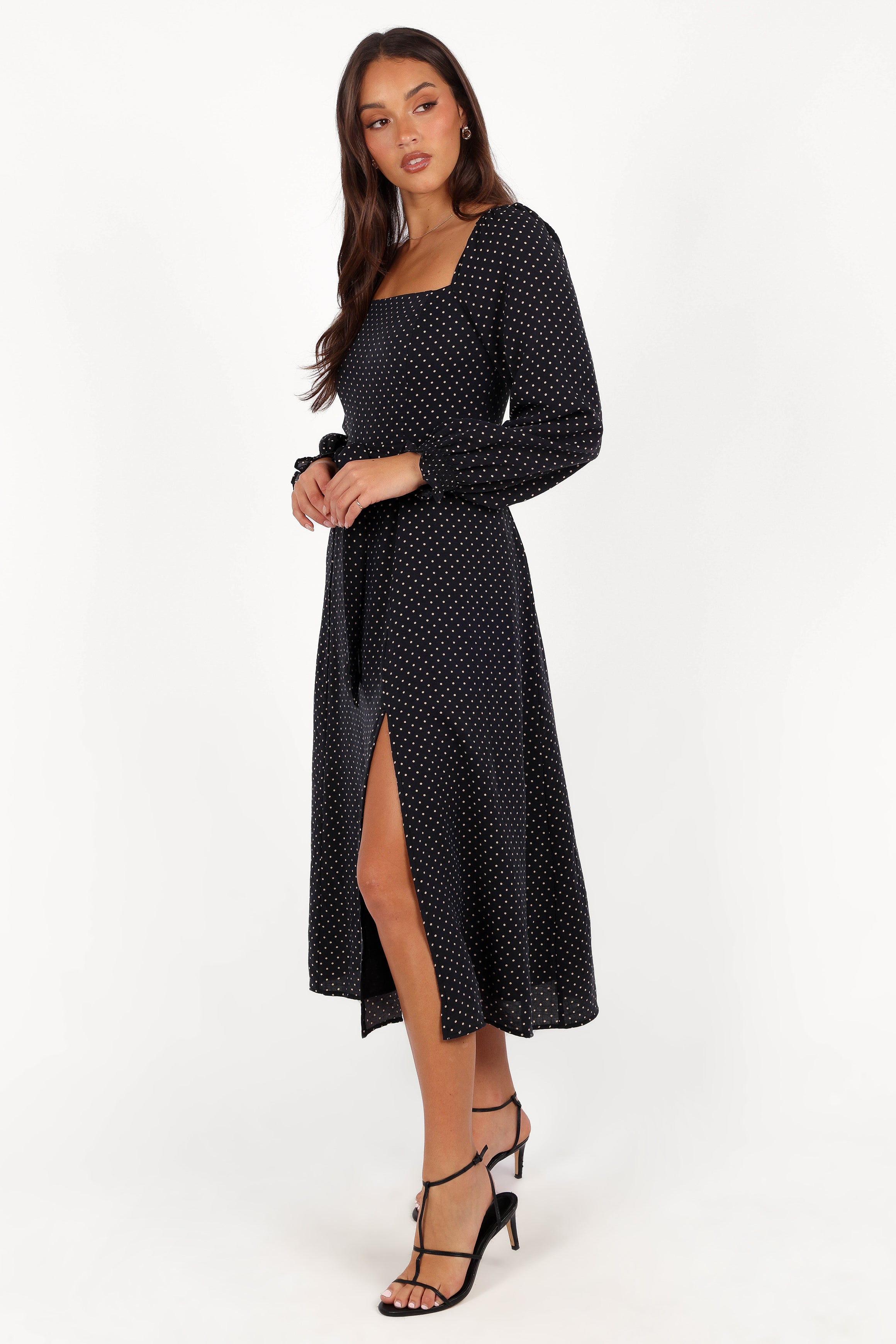 Ettie Women's Long Sleeve Midi Dress - Black Polka Dot Floral Print Casual Party Wear for Fall & Winter | Office, Date Night, Holiday Outfit