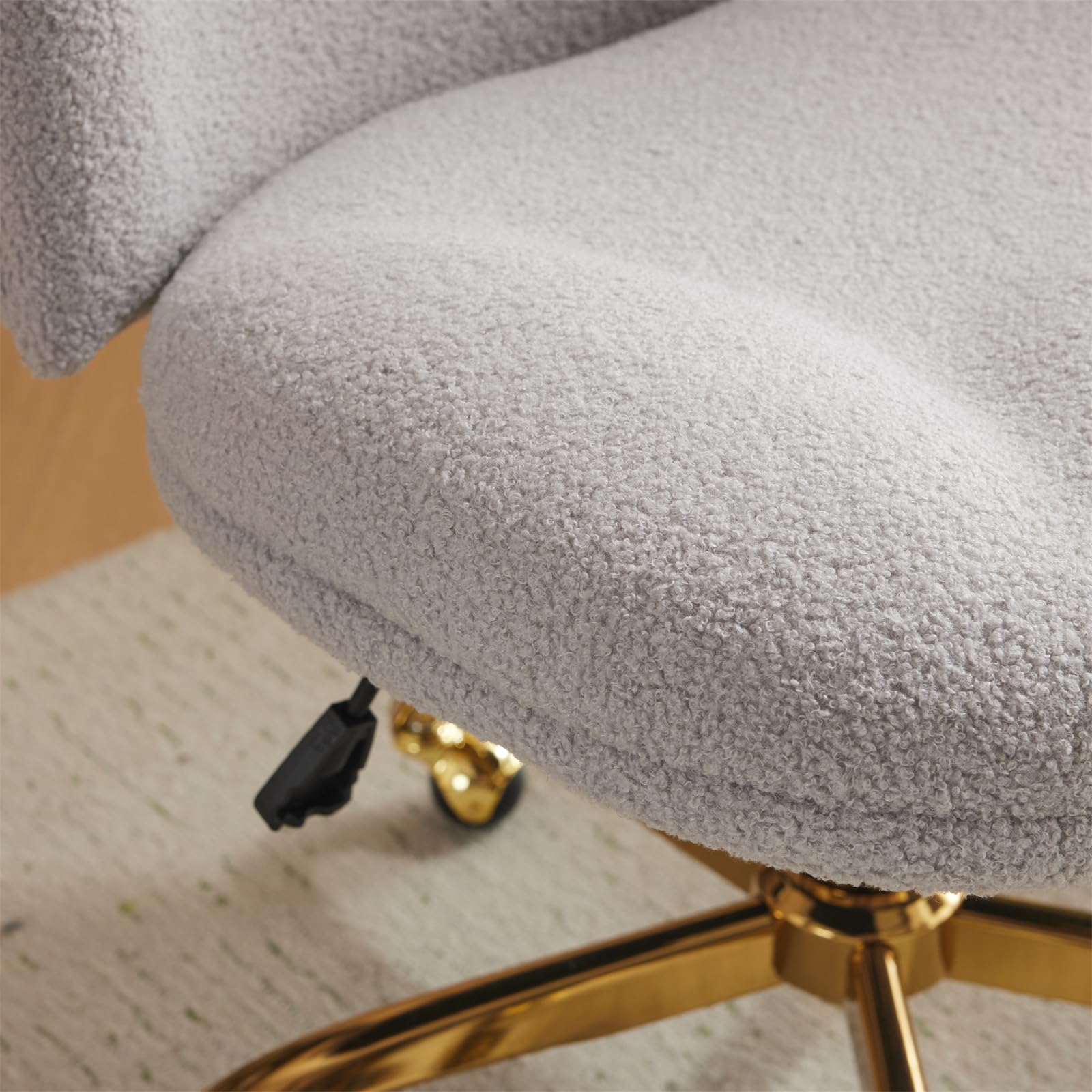 VINGLI Ergonomic Wide Criss Cross Leg Office Chair with Lumbar Pillow - Gold Base Swivel Desk Chair for Home Office & Bedroom, Adjustable Dual-Use Design (Wheels Optional), Soft Teddy Fleece Gray Fabric - Perfect for Long Work Sessions, Gaming & Vanity Makeup Areas