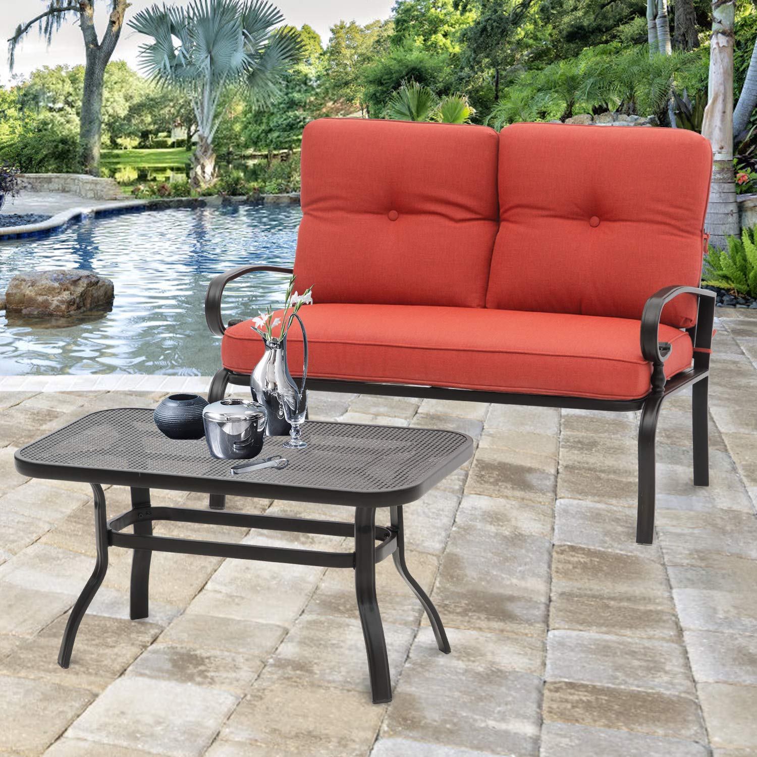 2-Piece Outdoor Patio Loveseat Set with Coffee Table - Wrought Iron Garden Bench with Red Cushion for Backyard, Porch, Balcony | Perfect for Relaxing, Entertaining & Outdoor Dining