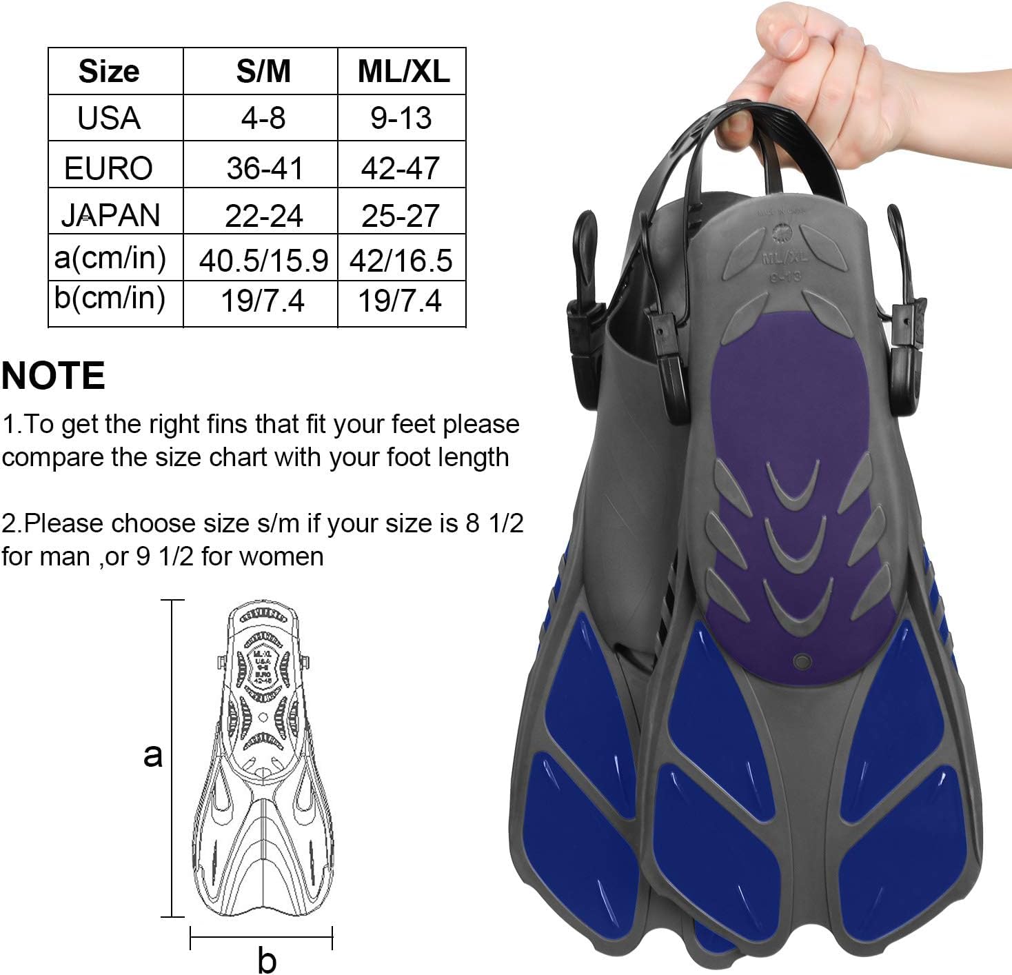 Oumers Adjustable Snorkel Fins for Adults - Travel Size Diving Flippers with Comfortable Strap, Mesh Storage Bag & Extra Buckle - Perfect for Snorkeling, Scuba Diving & Beach Swimming (Men & Women)