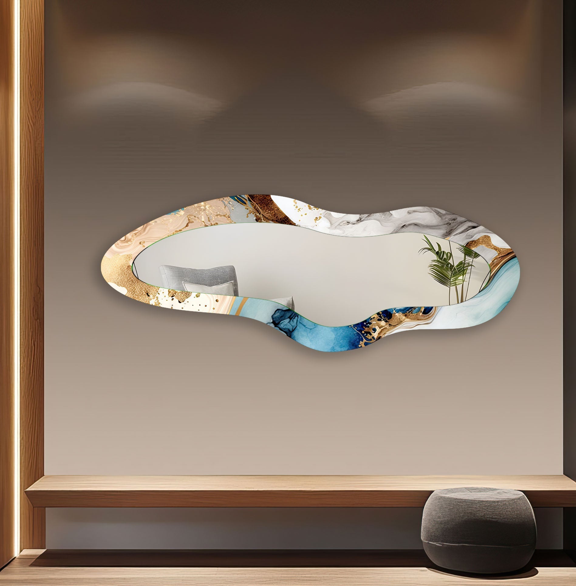 Blue Decorative Irregular Long Wall Mirror - Modern Unique Home Decor for Living Room, Bedroom & Entryway