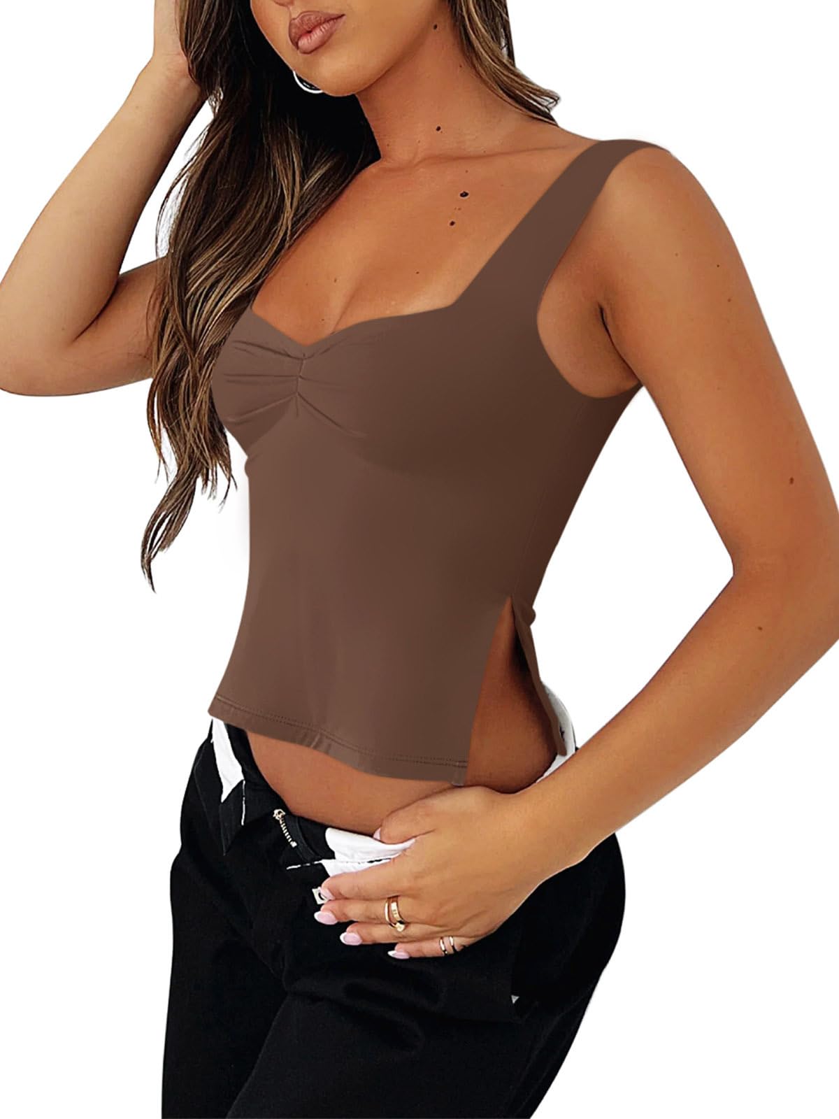 REORIA Women's Sexy Ruched Sweetheart Neck Backless Sleeveless Side Split Cropped Tank Top - Y2K Trendy Going Out Tops for Clubbing, Date Night & Summer Outfits